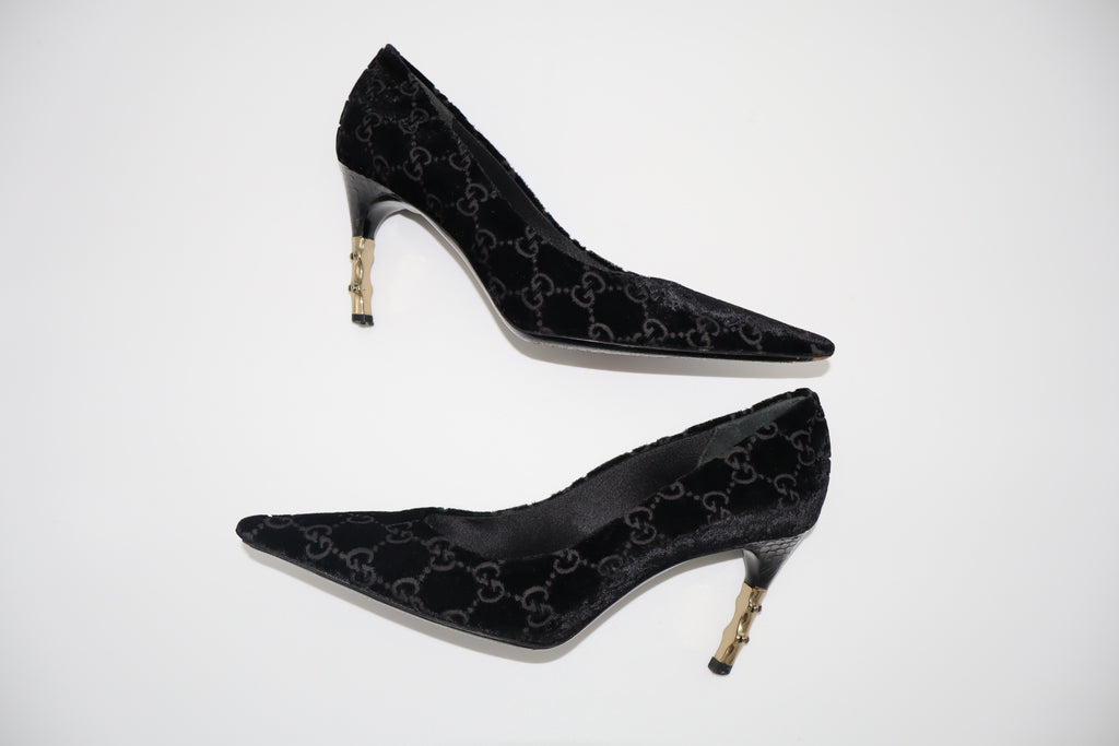 F/W 2004 Gucci GG velvet bamboo heel pumps by Tom Ford