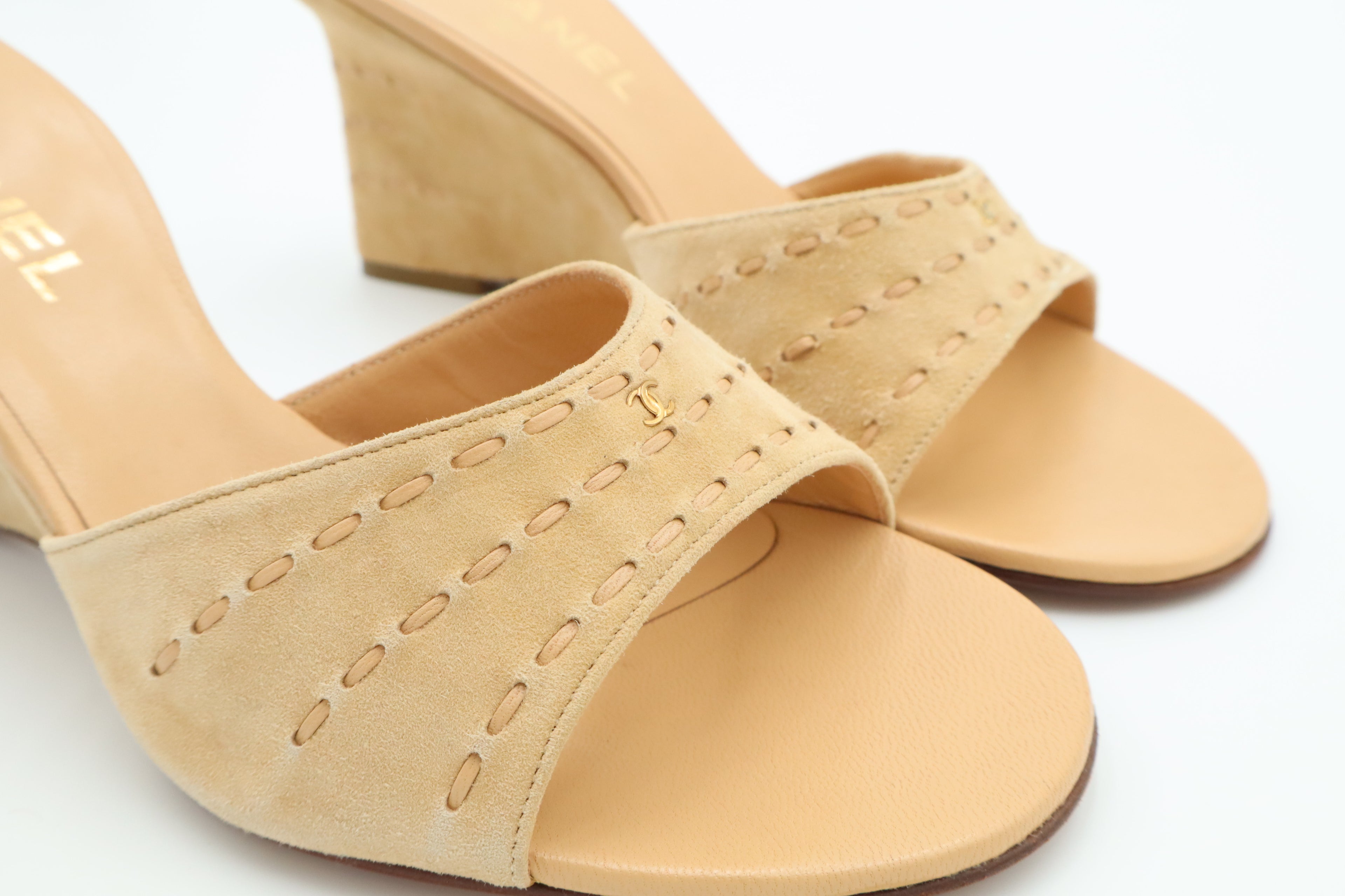 Vintage CHANEL Beige Suede CC Wedge Mules