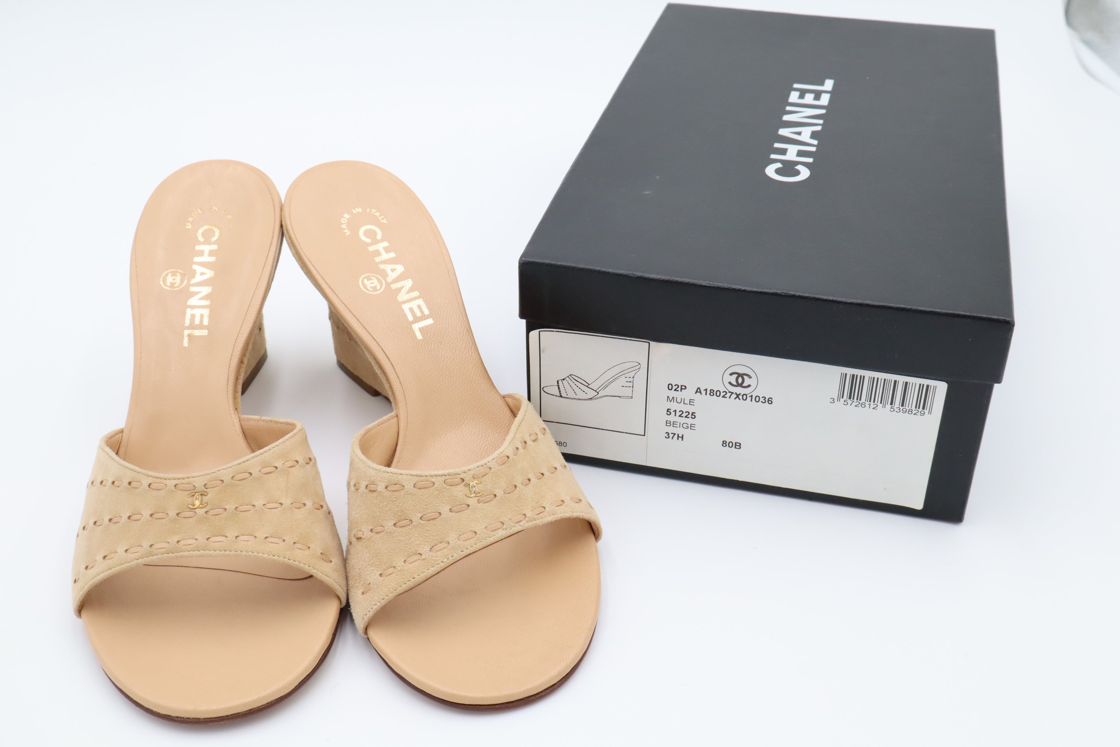 Vintage CHANEL Beige Suede CC Wedge Mules