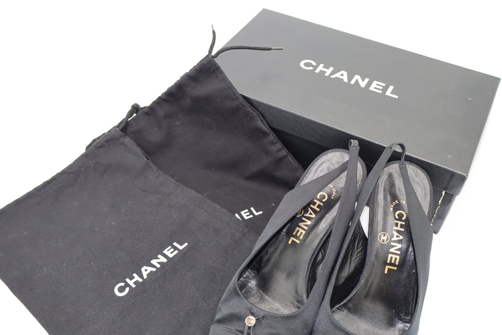 CHANEL Black Satin CC Slingback Heels