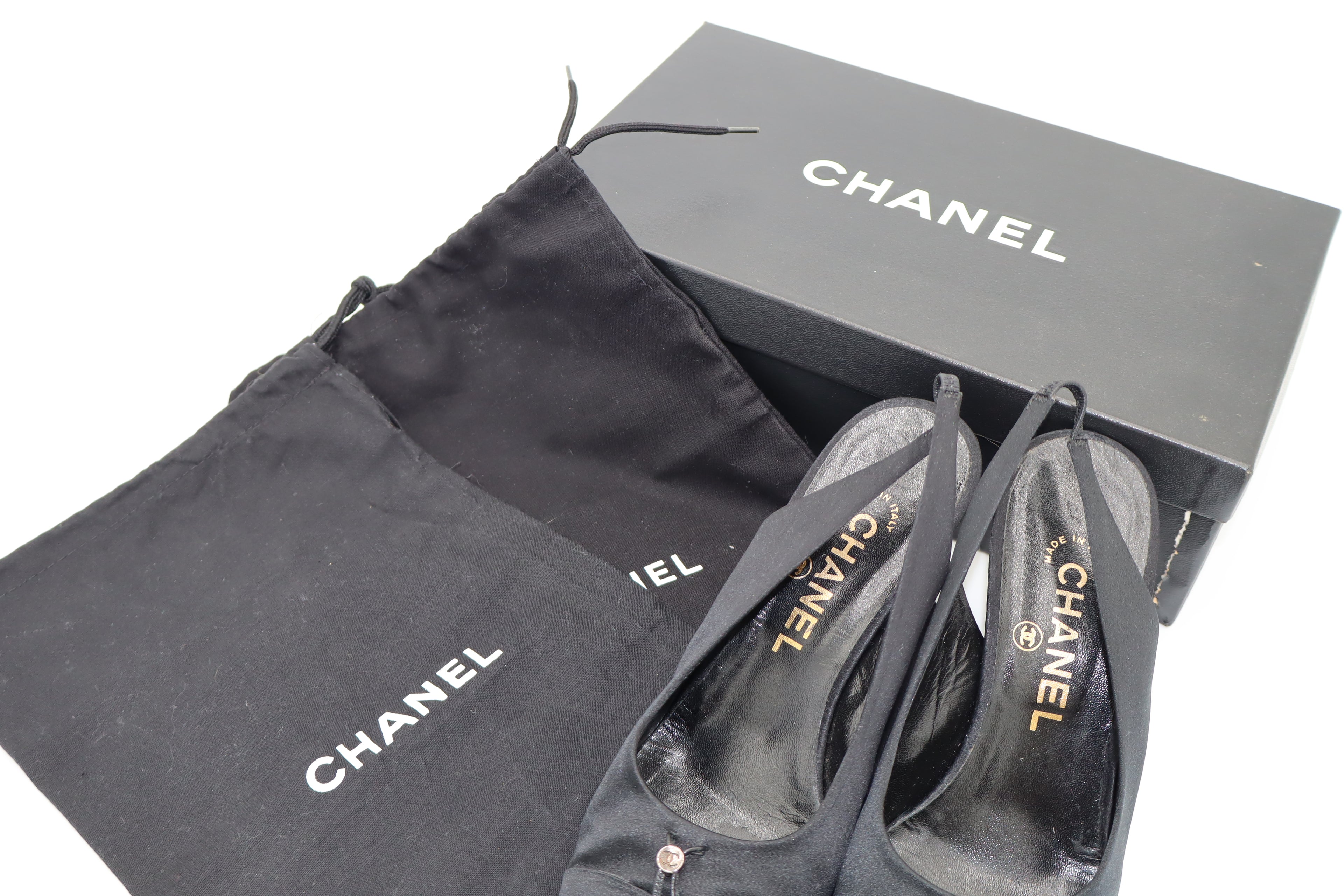 CHANEL Black Satin CC Slingback Heels