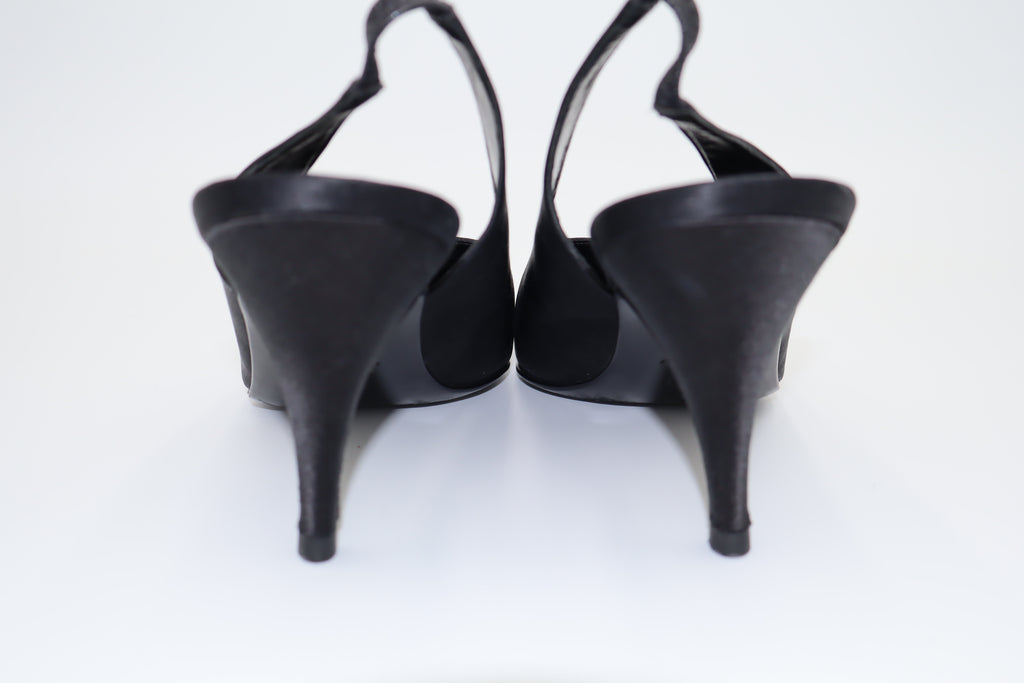 CHANEL Black Satin CC Slingback Heels
