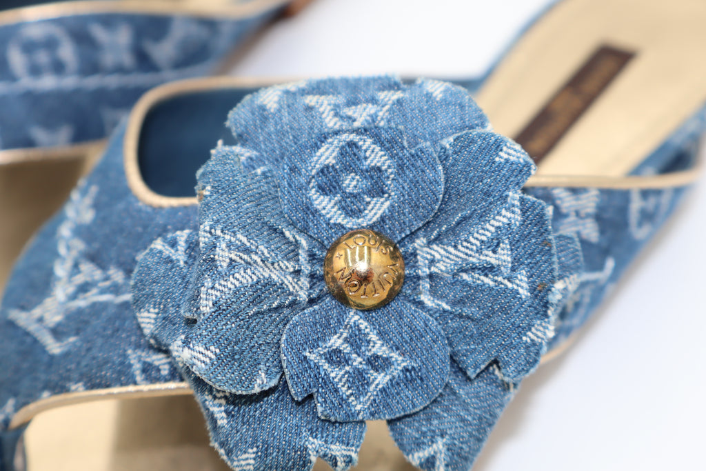 Louis Vuitton Monogram Denim Rosette Thong Sandals