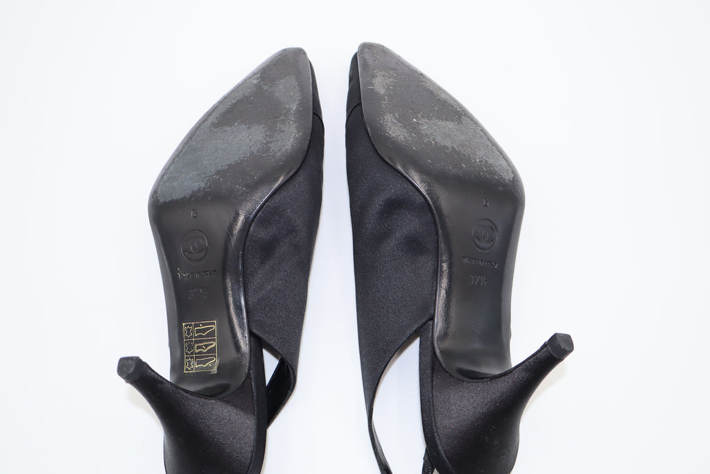 CHANEL Black Satin CC Slingback Heels