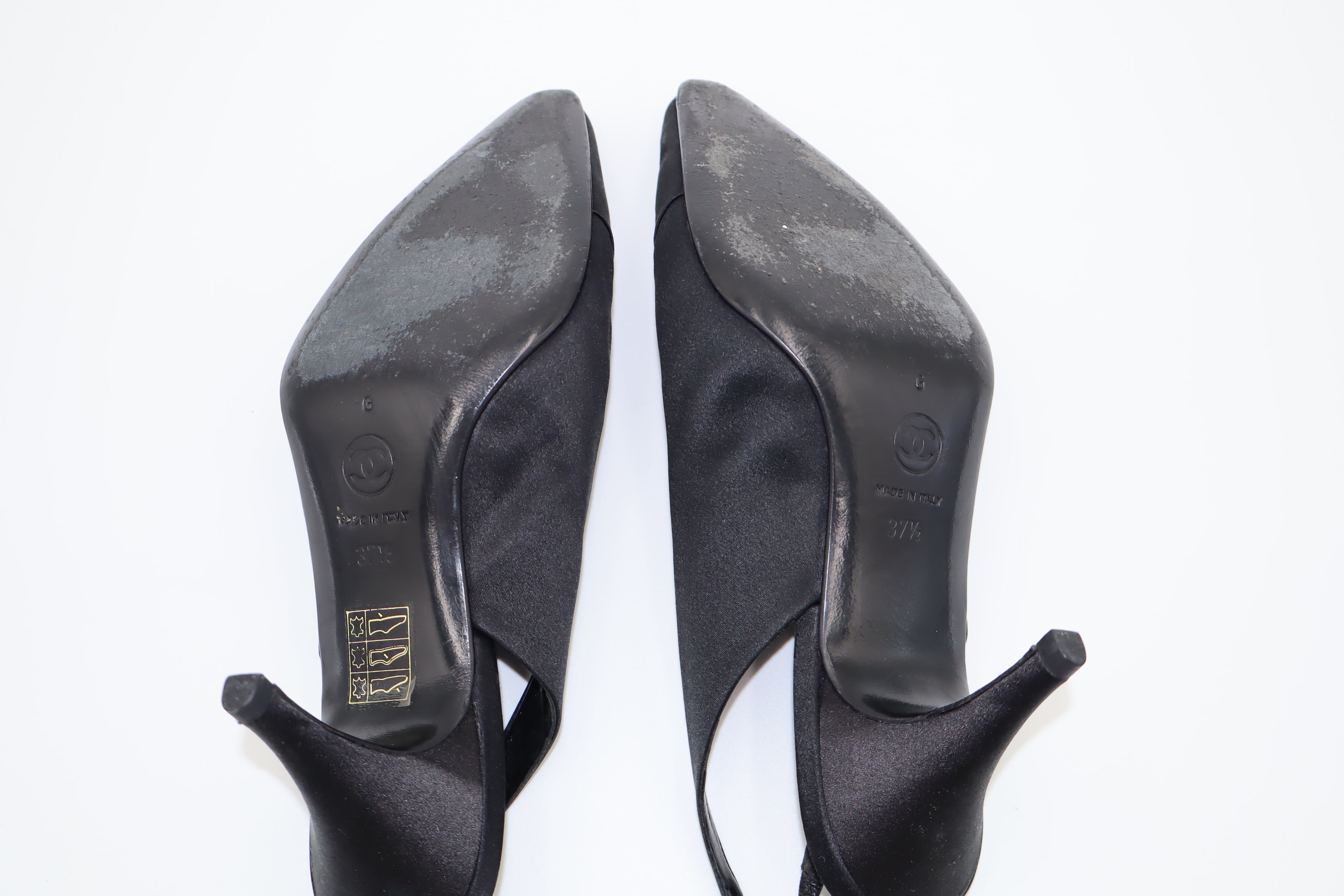 CHANEL Black Satin CC Slingback Heels