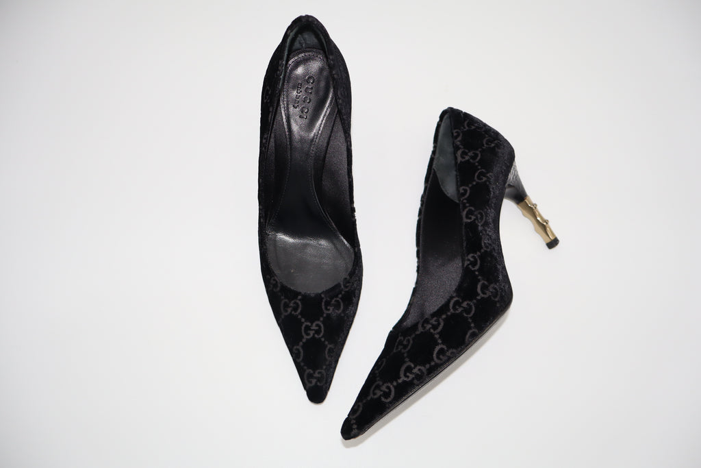 F/W 2004 Gucci GG velvet bamboo heel pumps by Tom Ford