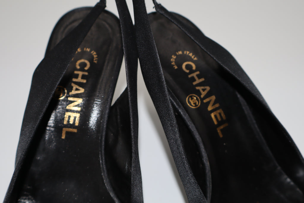 CHANEL Black Satin CC Slingback Heels