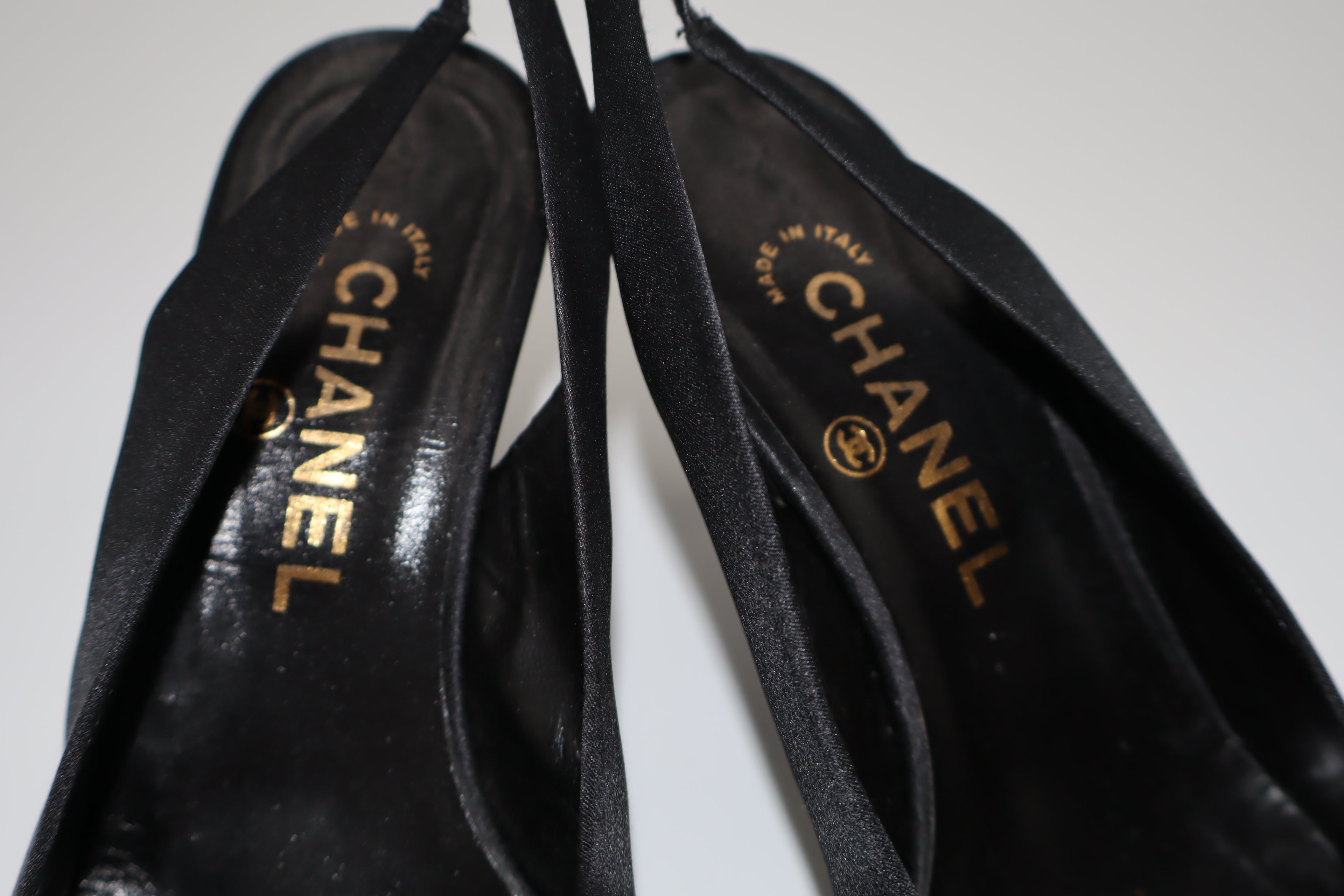 CHANEL Black Satin CC Slingback Heels