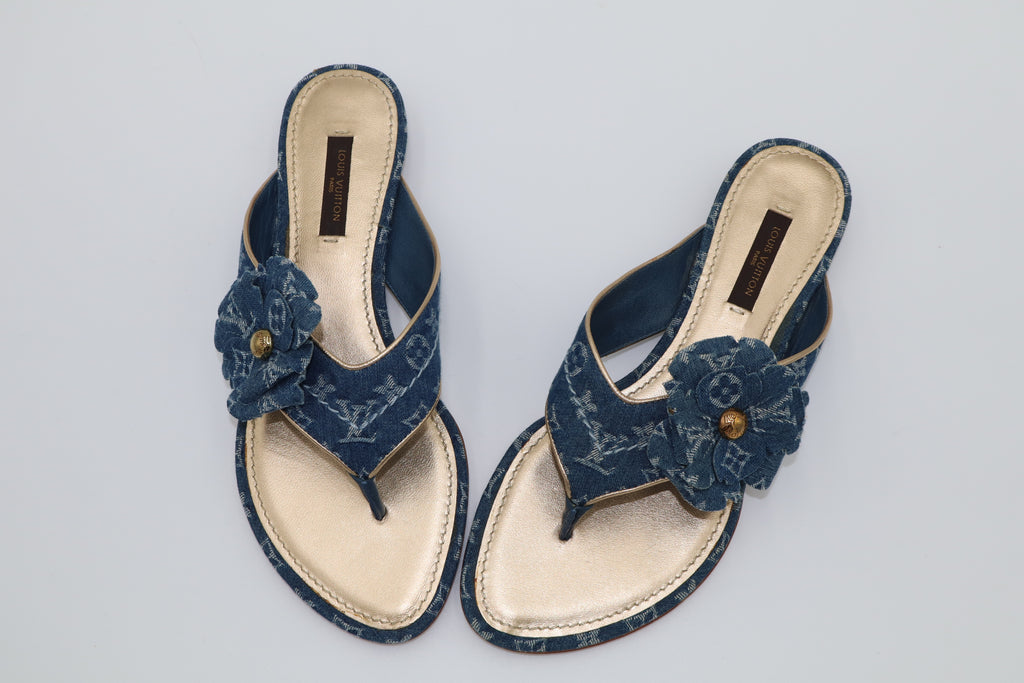Louis Vuitton Monogram Denim Rosette Thong Sandals