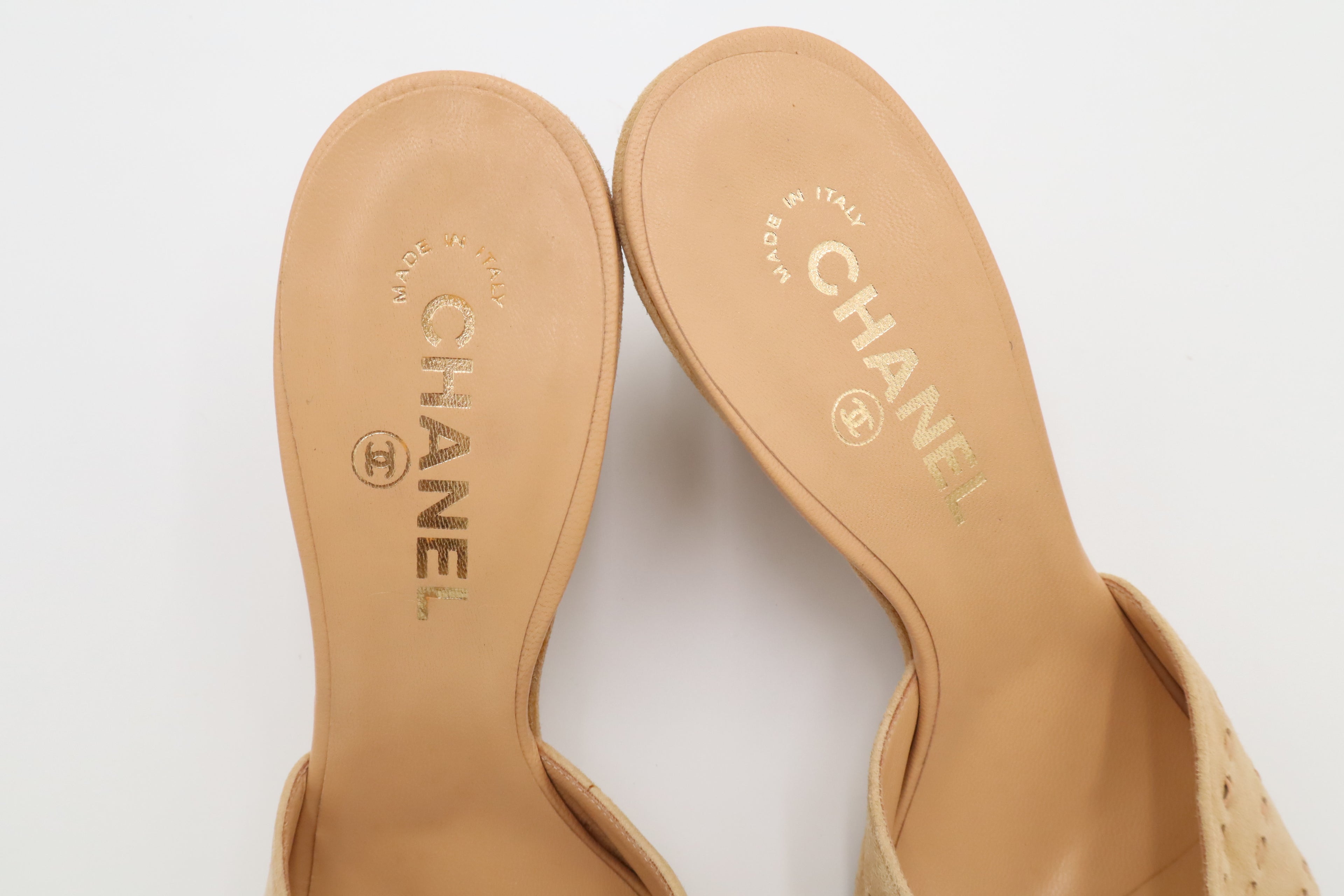 Vintage CHANEL Beige Suede CC Wedge Mules