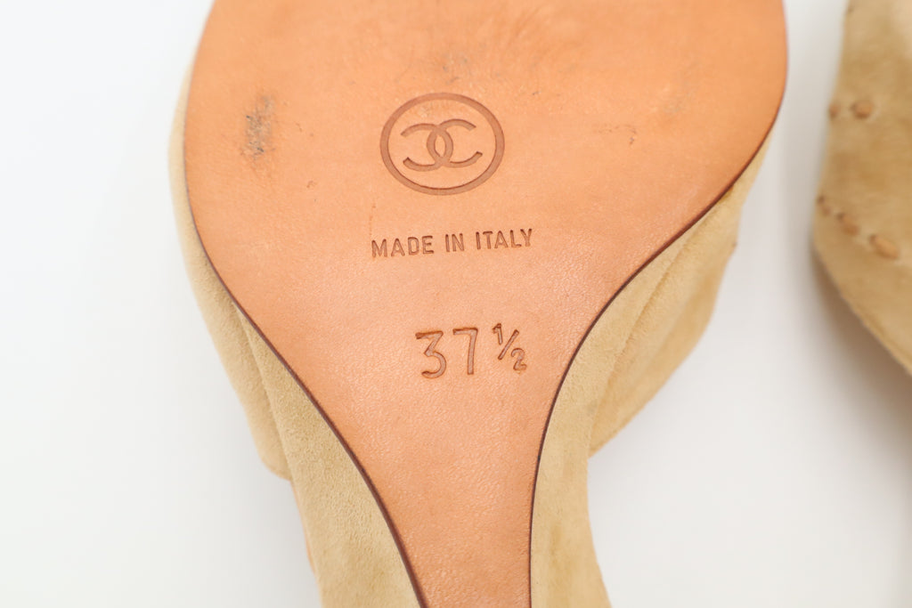 Vintage CHANEL Beige Suede CC Wedge Mules