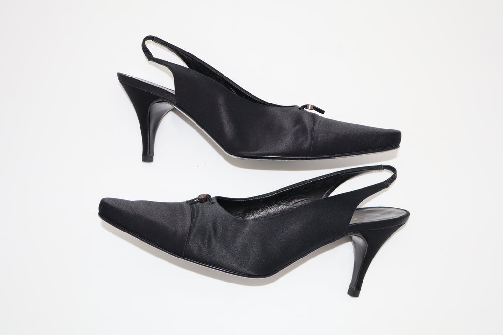 CHANEL Black Satin CC Slingback Heels