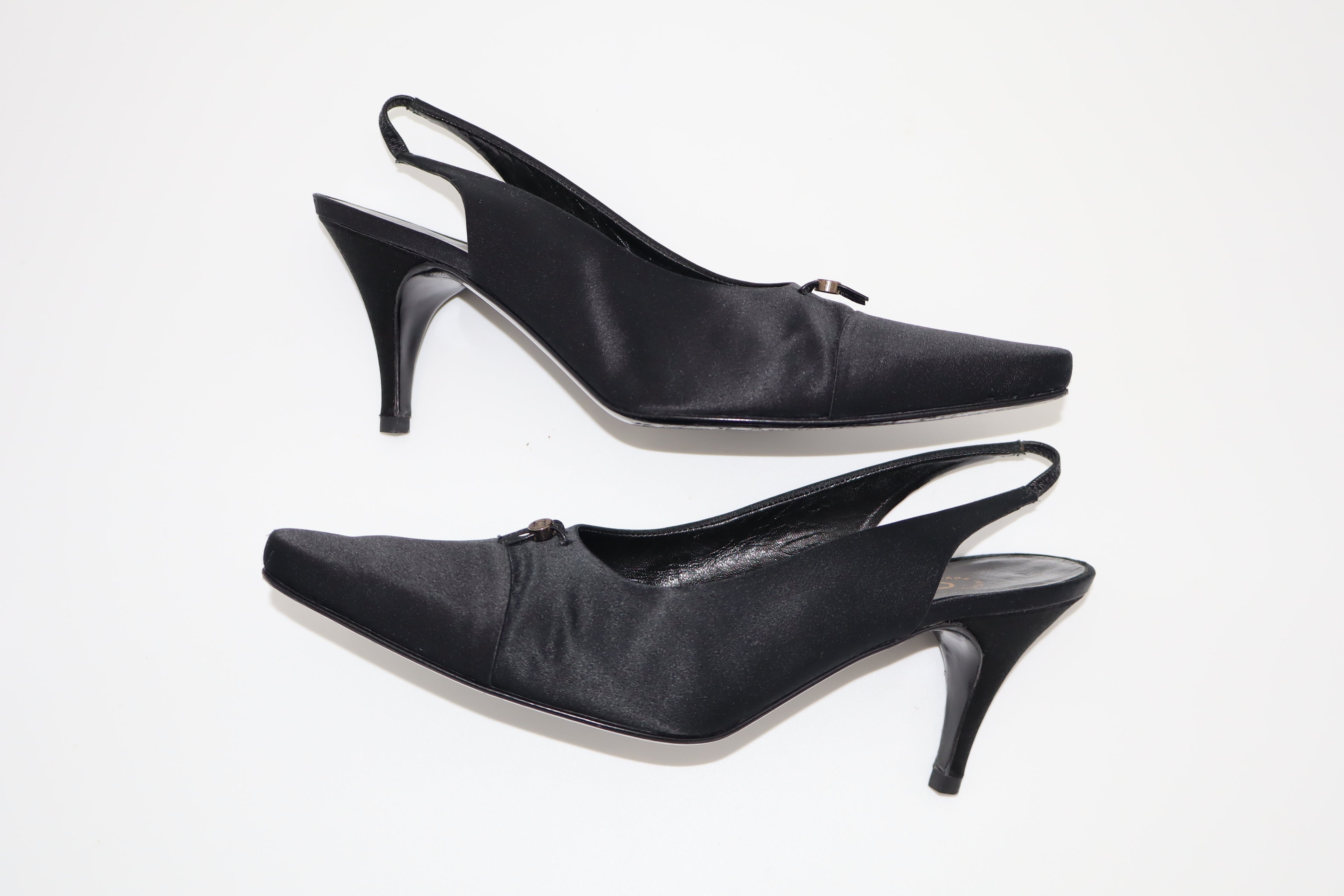 CHANEL Black Satin CC Slingback Heels