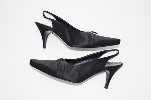 CHANEL Black Satin CC Slingback Heels