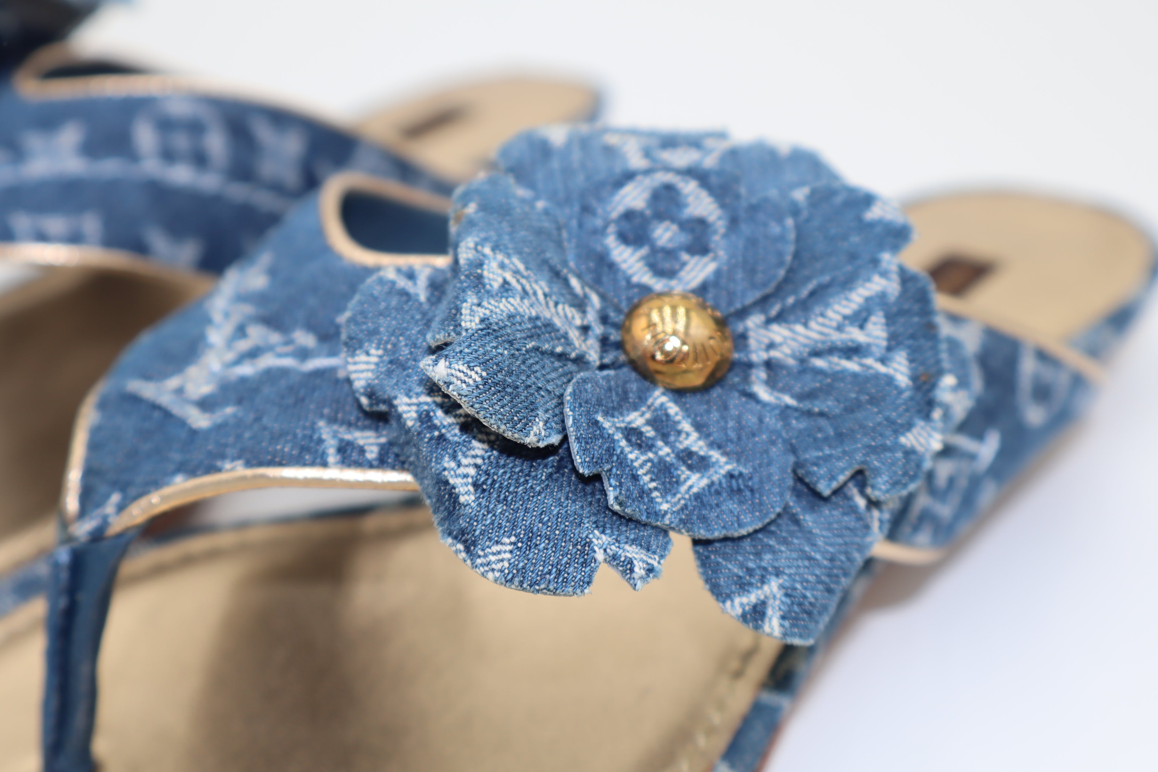 Louis Vuitton Monogram Denim Rosette Thong Sandals