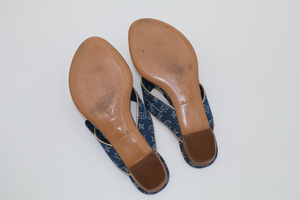 Louis Vuitton Monogram Denim Rosette Thong Sandals