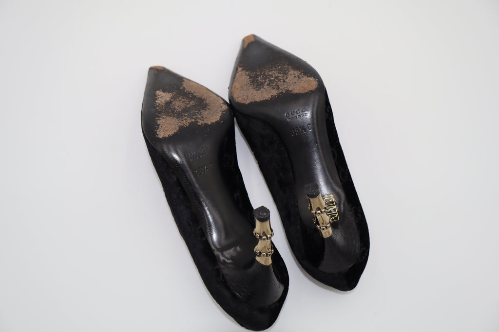 F/W 2004 Gucci GG velvet bamboo heel pumps by Tom Ford