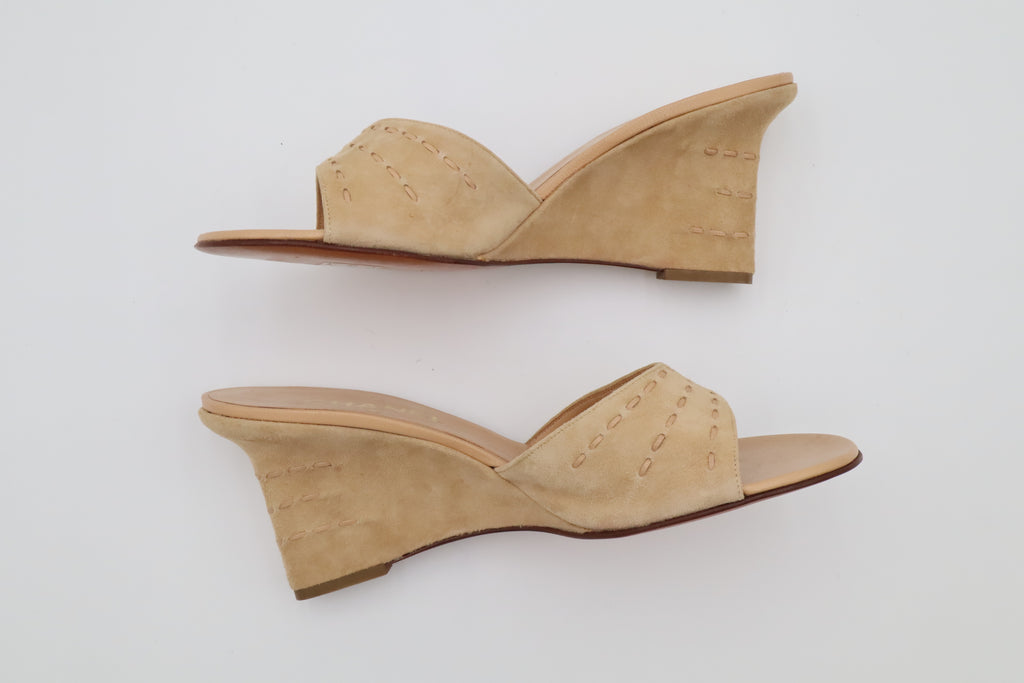 Vintage CHANEL Beige Suede CC Wedge Mules