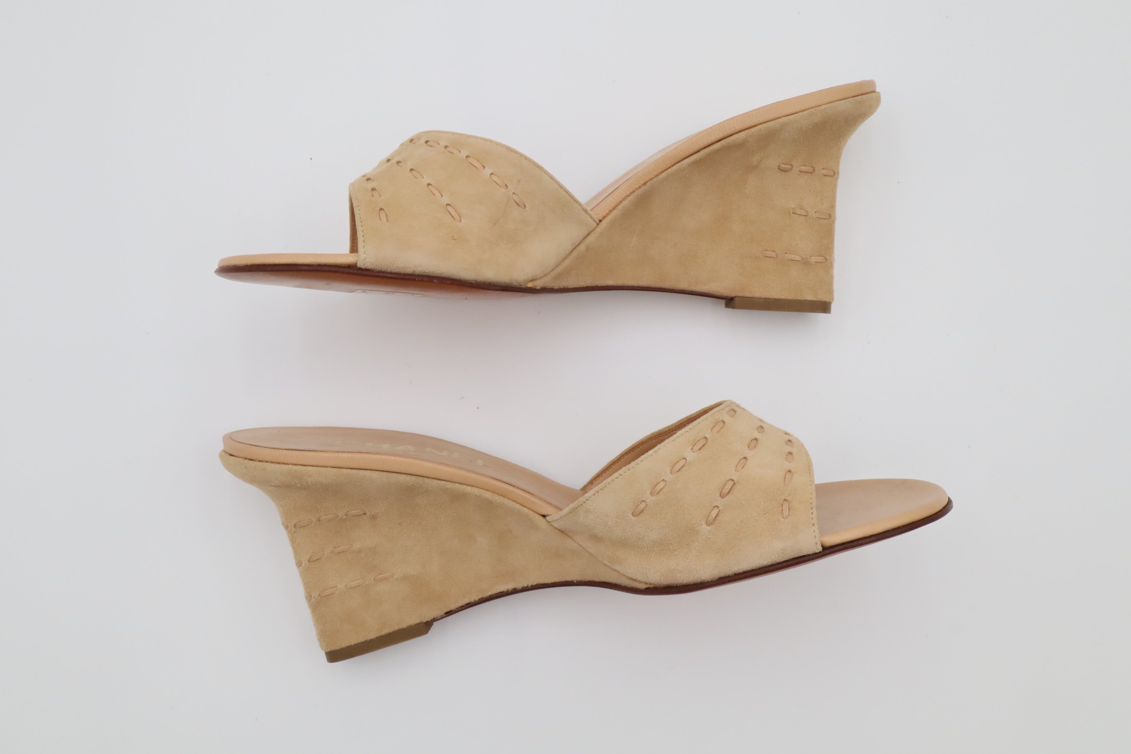 Vintage CHANEL Beige Suede CC Wedge Mules