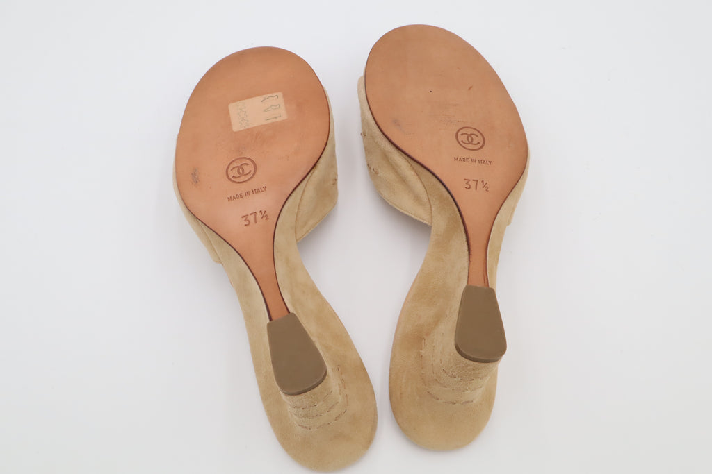 Vintage CHANEL Beige Suede CC Wedge Mules