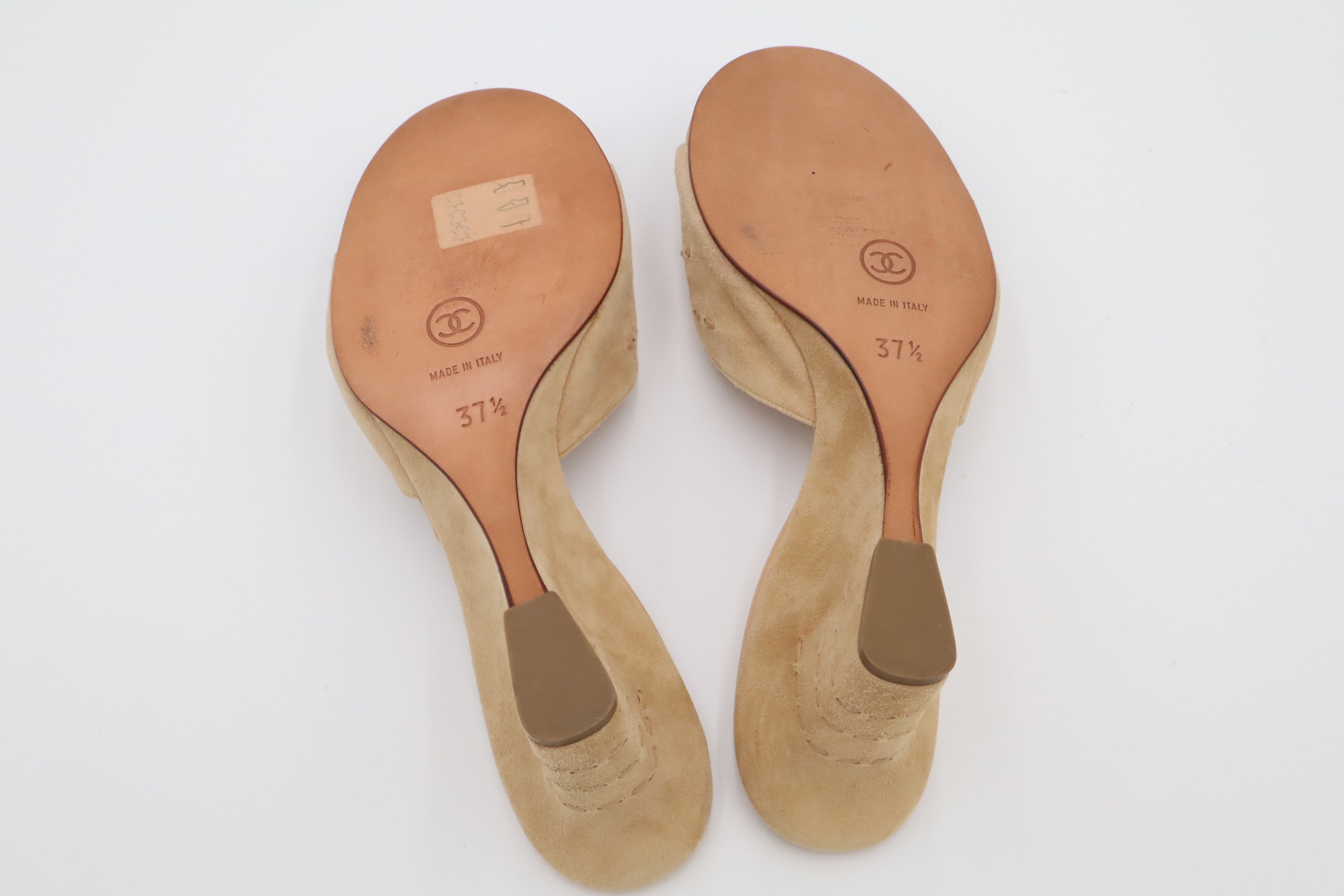 Vintage CHANEL Beige Suede CC Wedge Mules