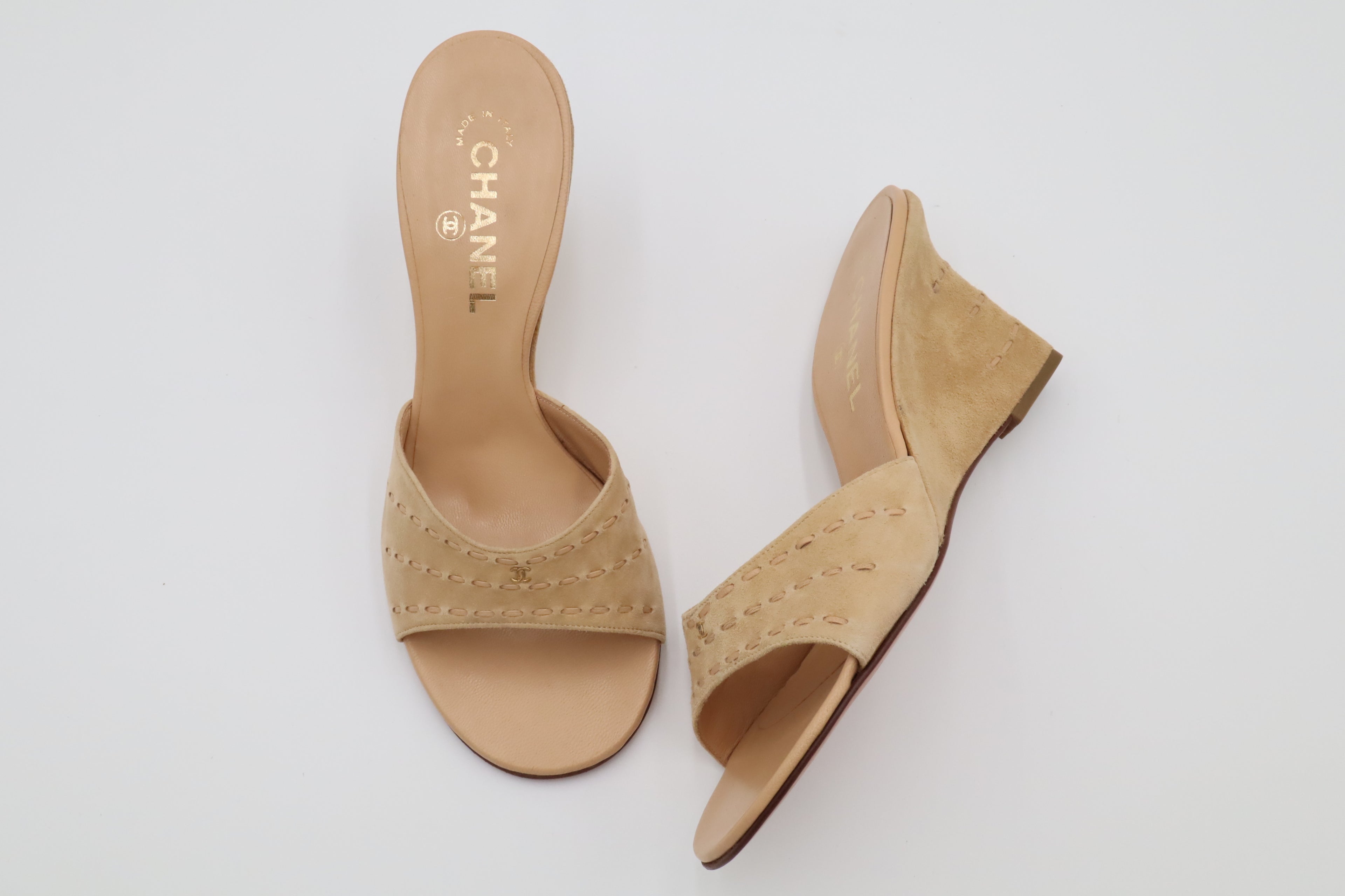 Vintage CHANEL Beige Suede CC Wedge Mules