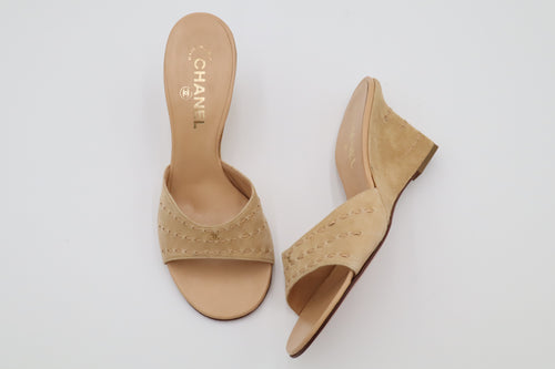 Chanel Vintage Beige Suede CC Wedge Mules