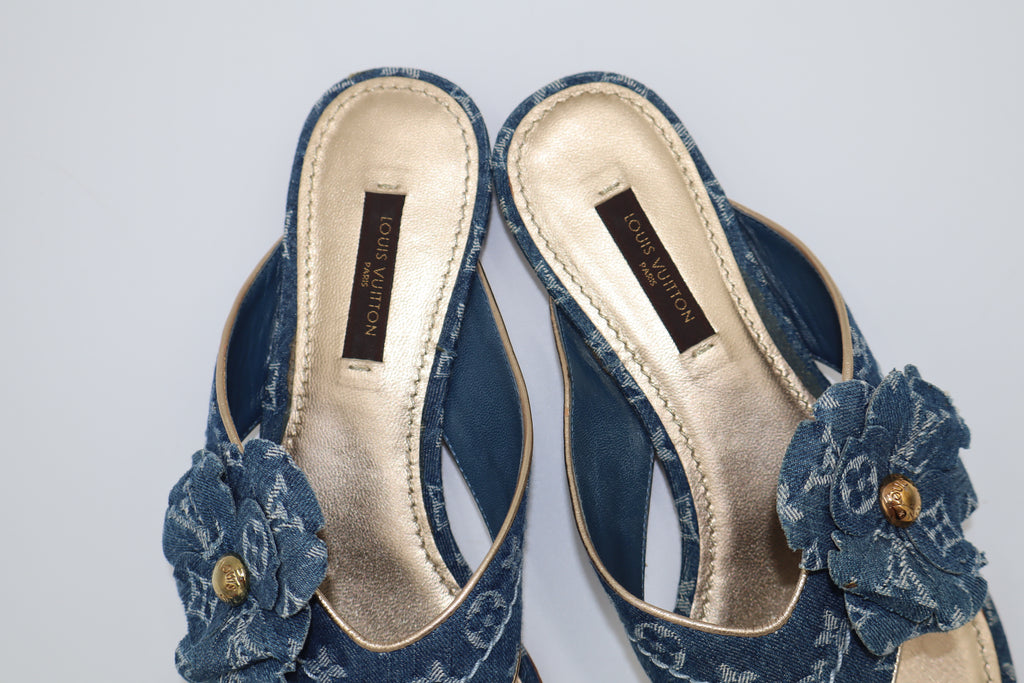 Louis Vuitton Monogram Denim Rosette Thong Sandals