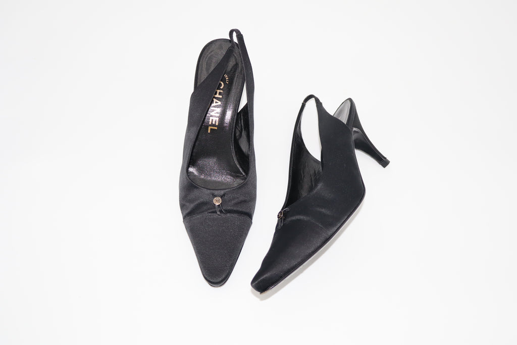 CHANEL Black Satin CC Slingback Heels