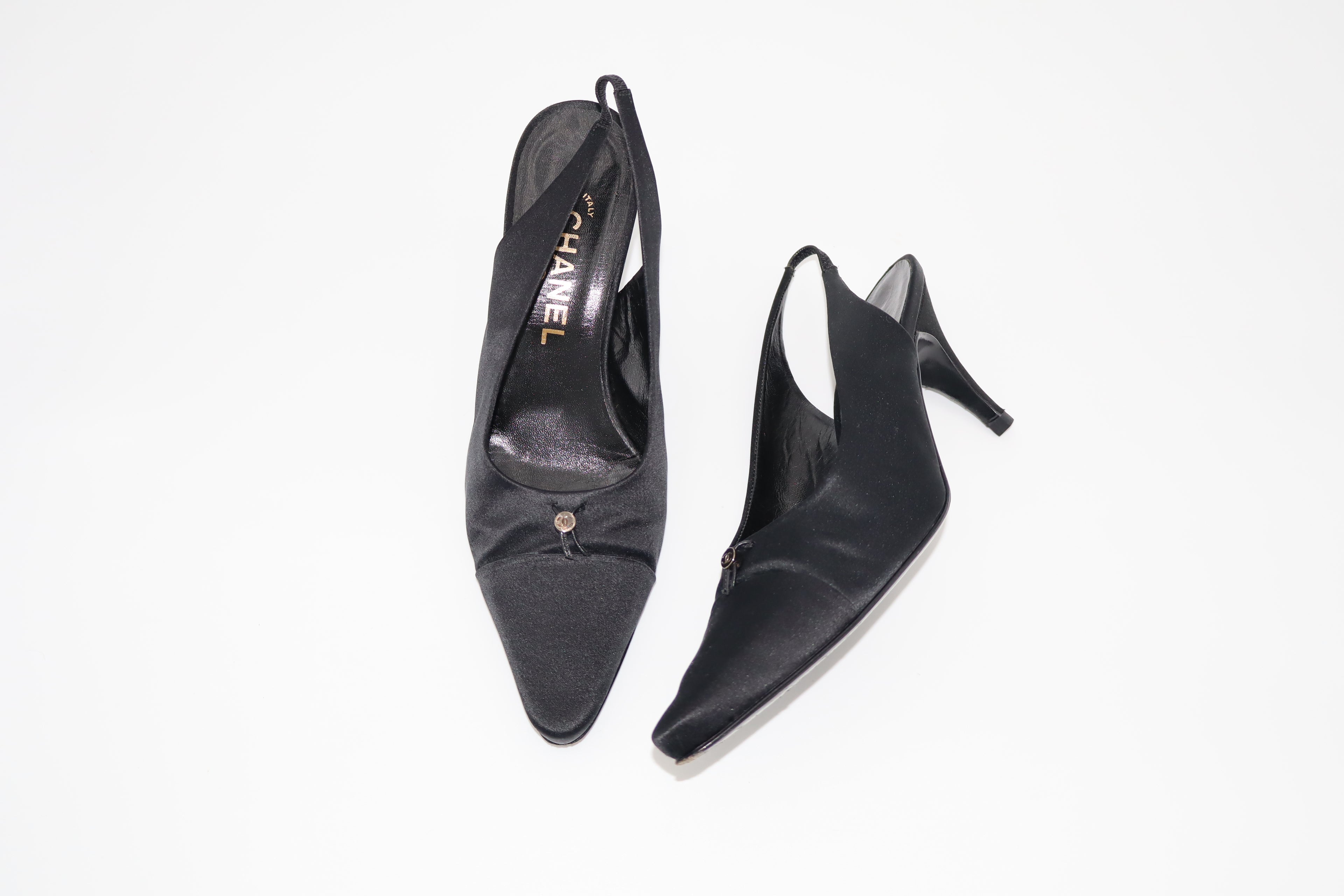 CHANEL Black Satin CC Slingback Heels