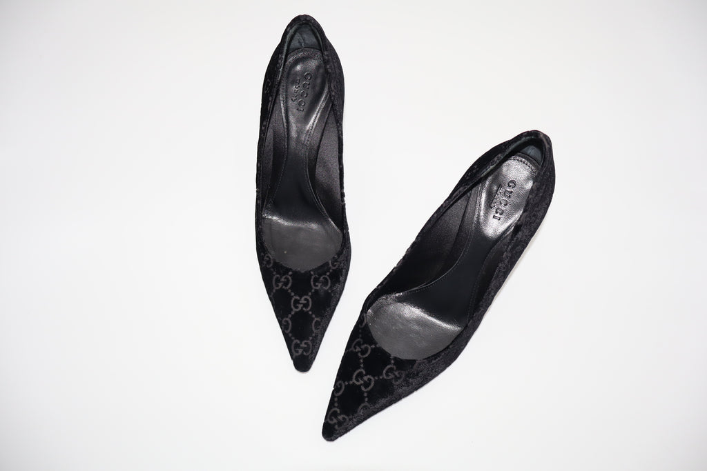 F/W 2004 Gucci GG velvet bamboo heel pumps by Tom Ford