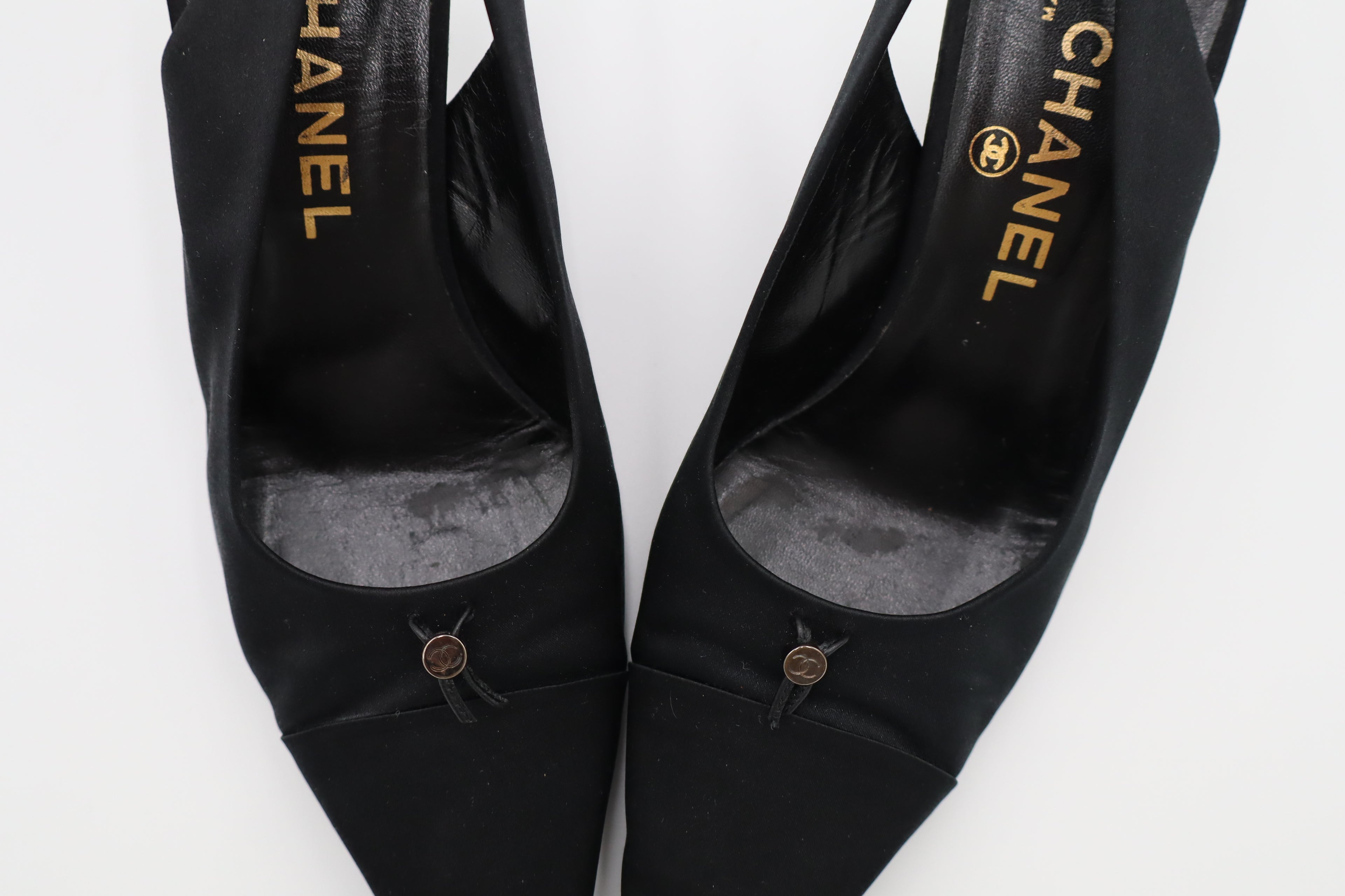 CHANEL Black Satin CC Slingback Heels