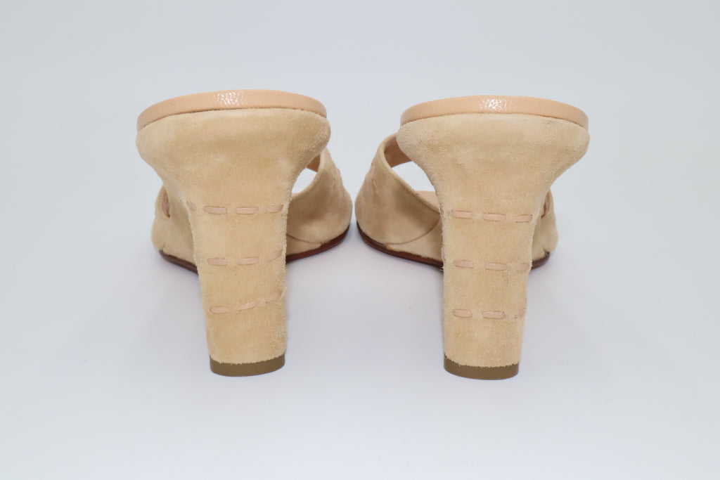 Vintage CHANEL Beige Suede CC Wedge Mules