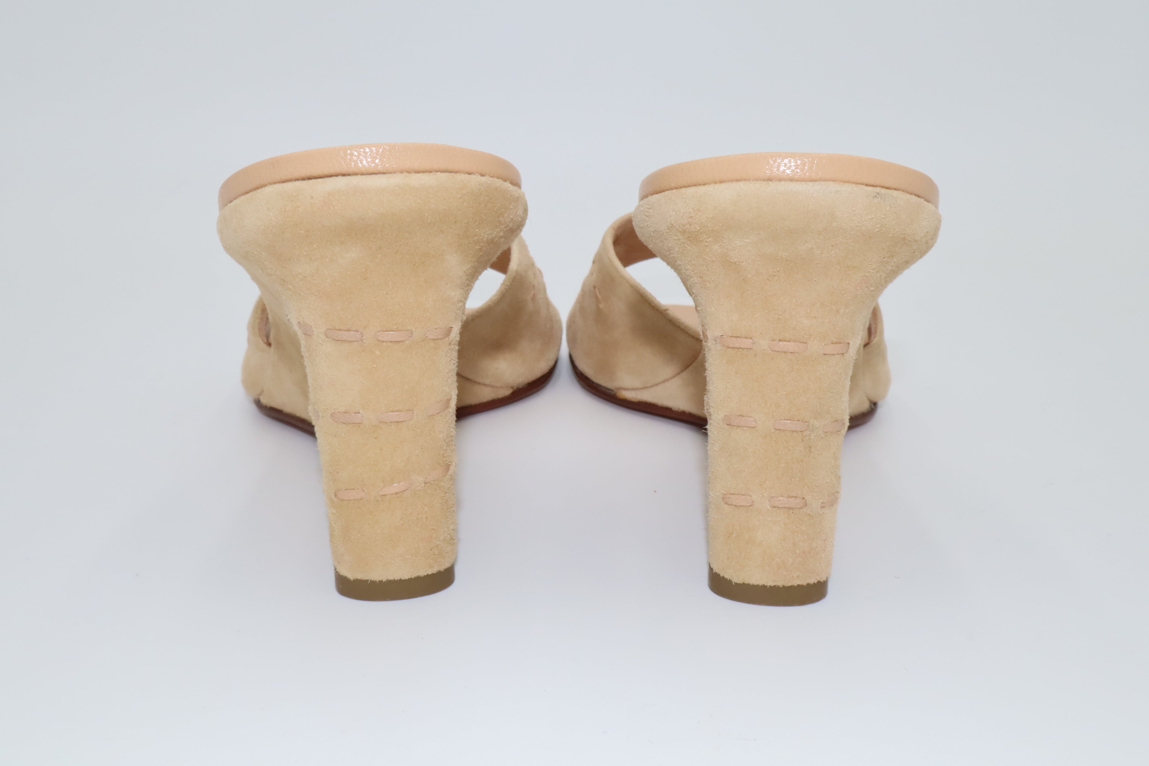 Vintage CHANEL Beige Suede CC Wedge Mules