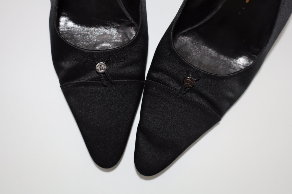 CHANEL Black Satin CC Slingback Heels