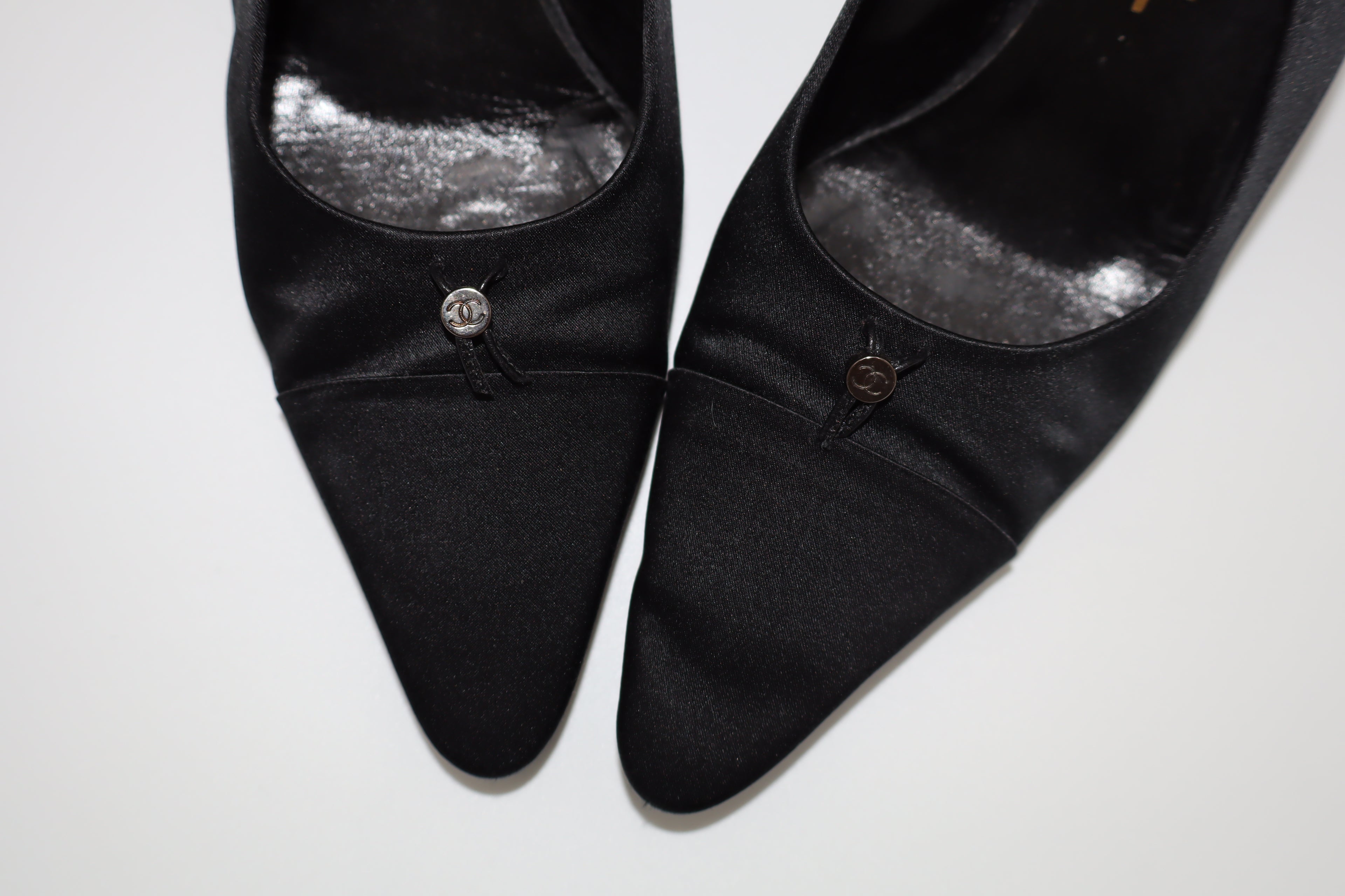 CHANEL Black Satin CC Slingback Heels