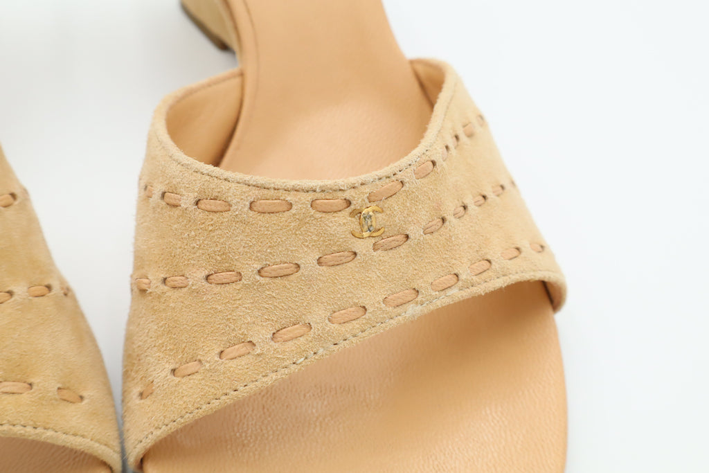 Vintage CHANEL Beige Suede CC Wedge Mules