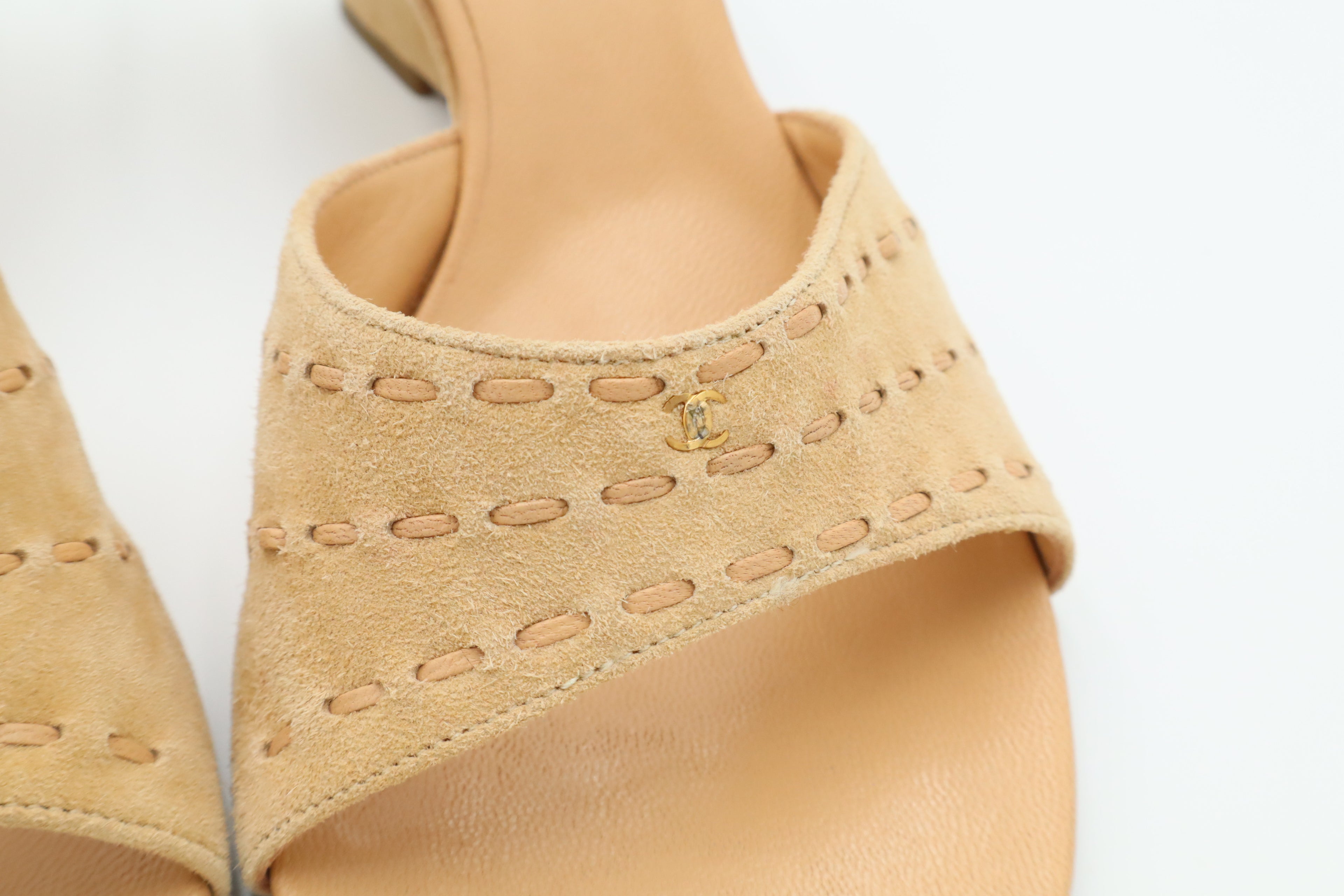 Vintage CHANEL Beige Suede CC Wedge Mules