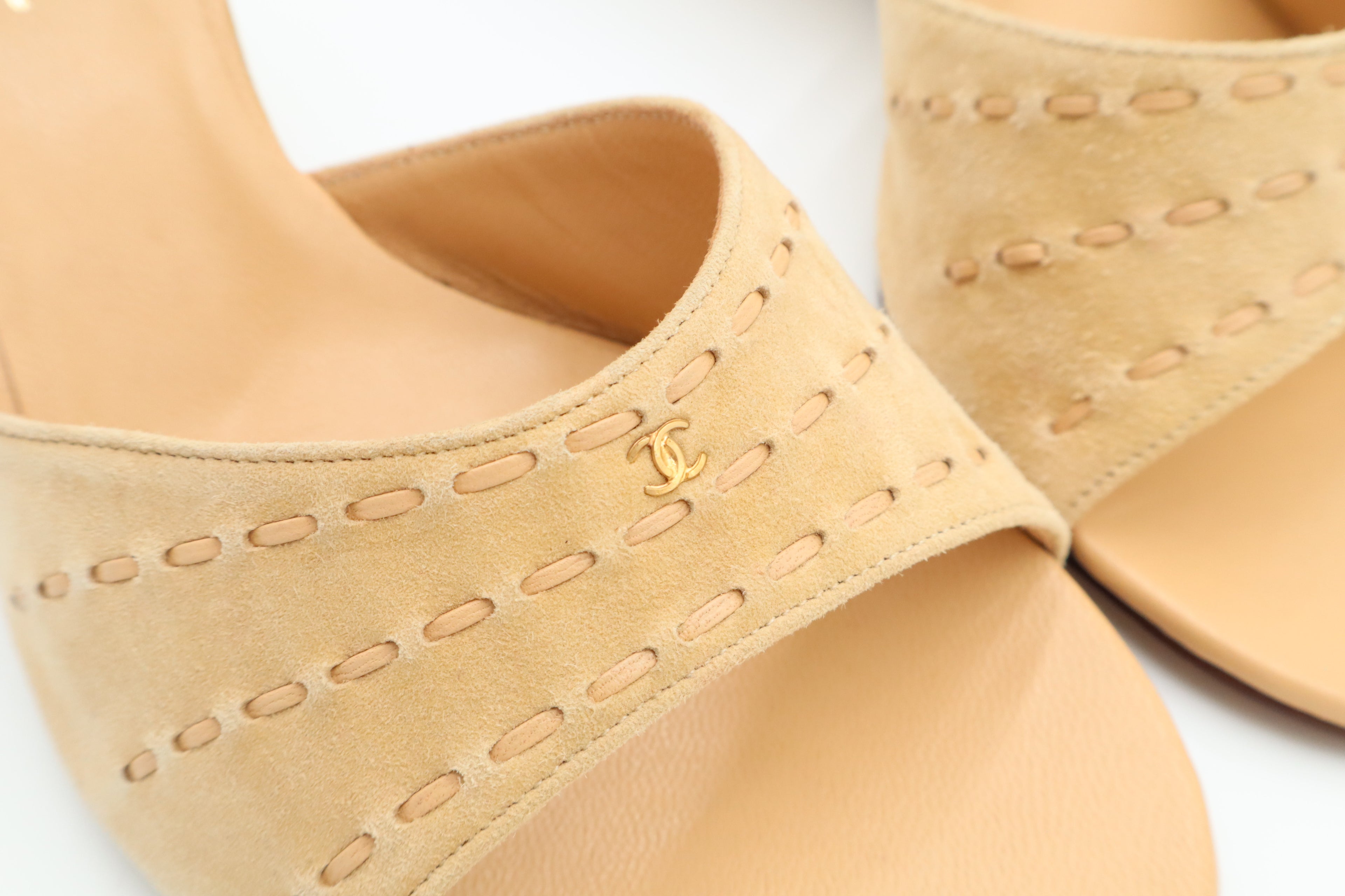 Vintage CHANEL Beige Suede CC Wedge Mules