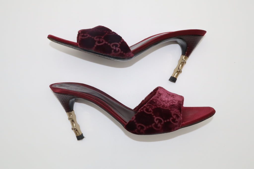 F/W 2004 Gucci Burgundy GG Velvet & Python Bamboo Heel Mules