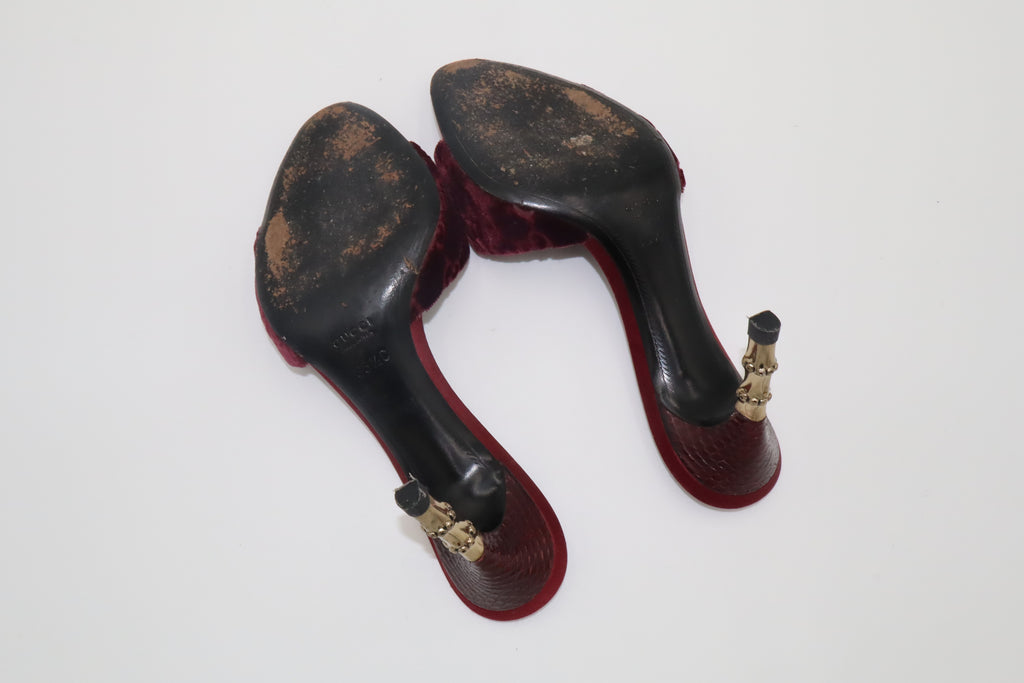 F/W 2004 Gucci Burgundy GG Velvet & Python Bamboo Heel Mules