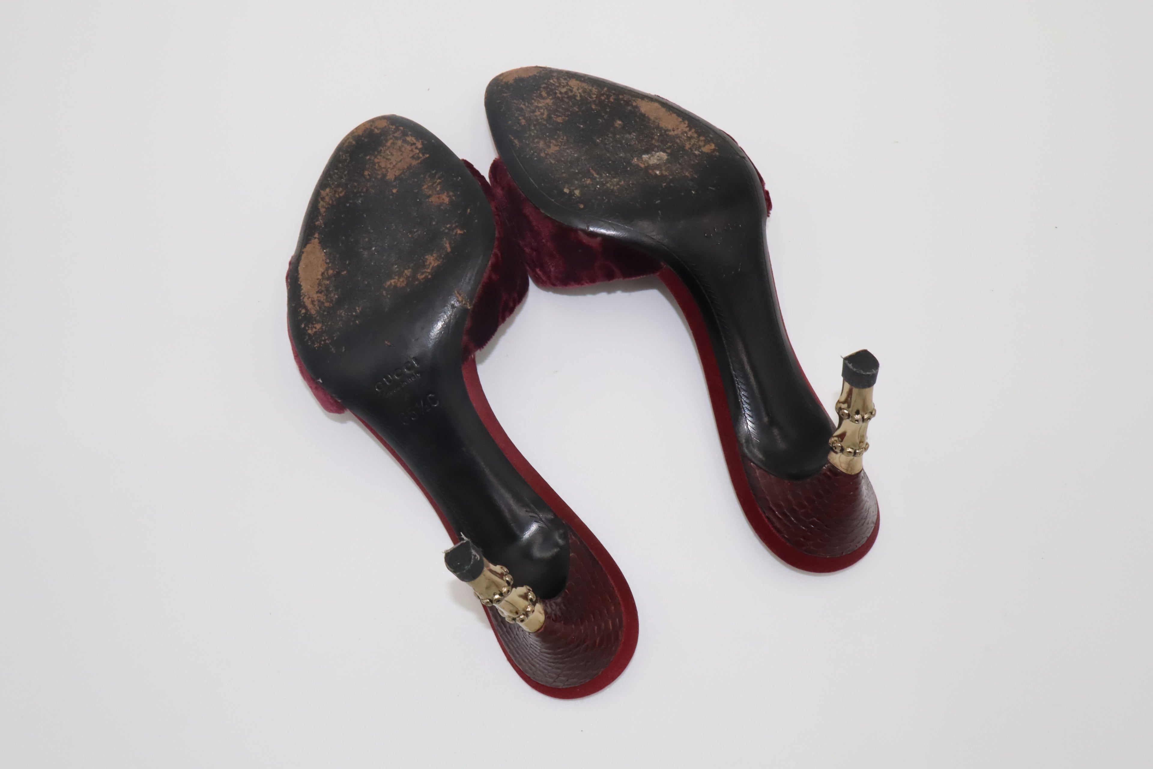 F/W 2004 Gucci Burgundy GG Velvet & Python Bamboo Heel Mules