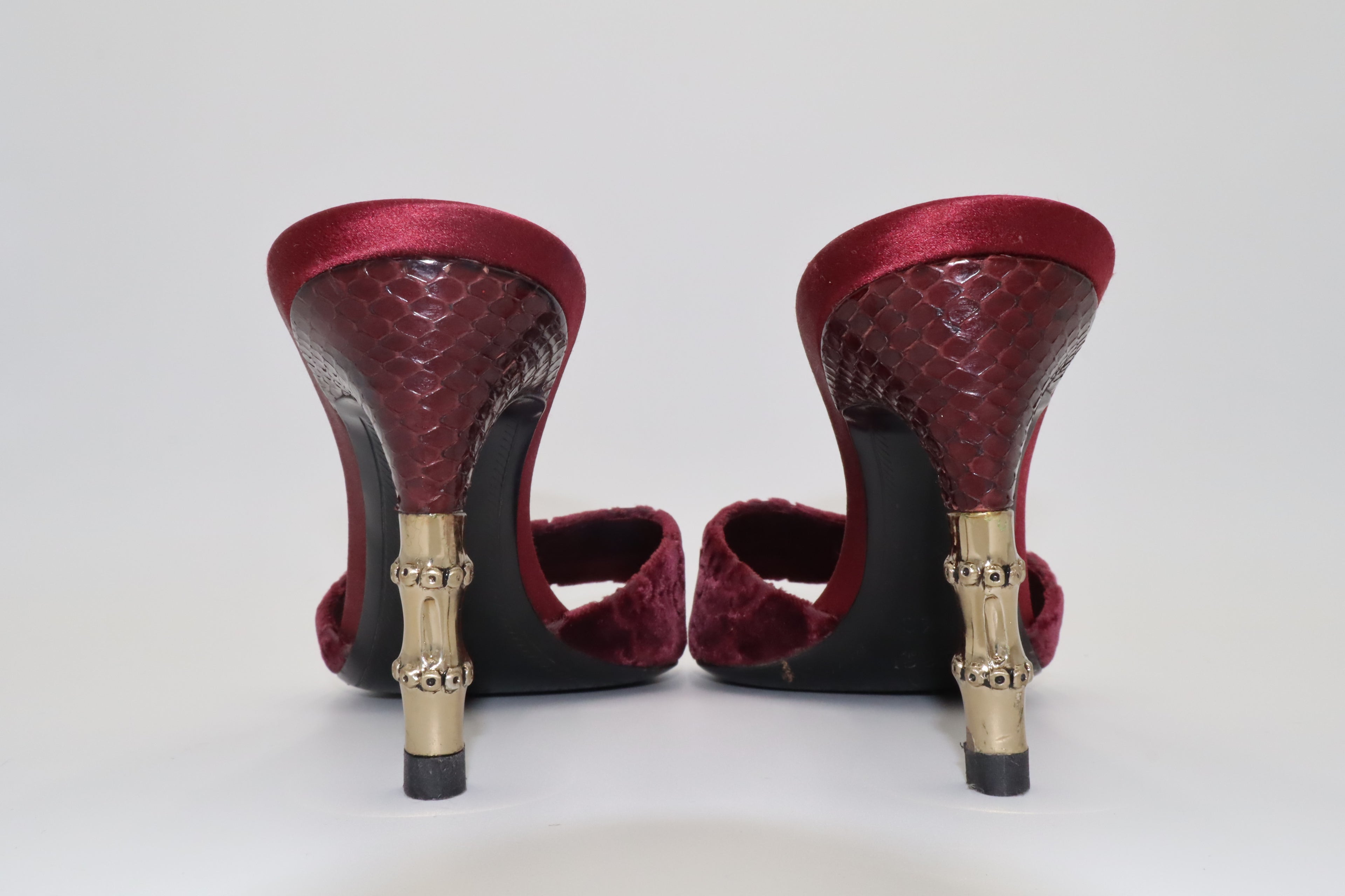 F/W 2004 Gucci Burgundy GG Velvet & Python Bamboo Heel Mules