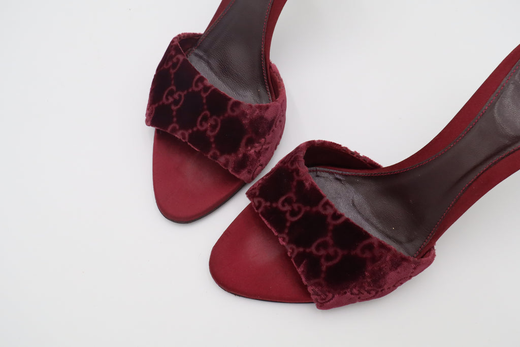 F/W 2004 Gucci Burgundy GG Velvet & Python Bamboo Heel Mules