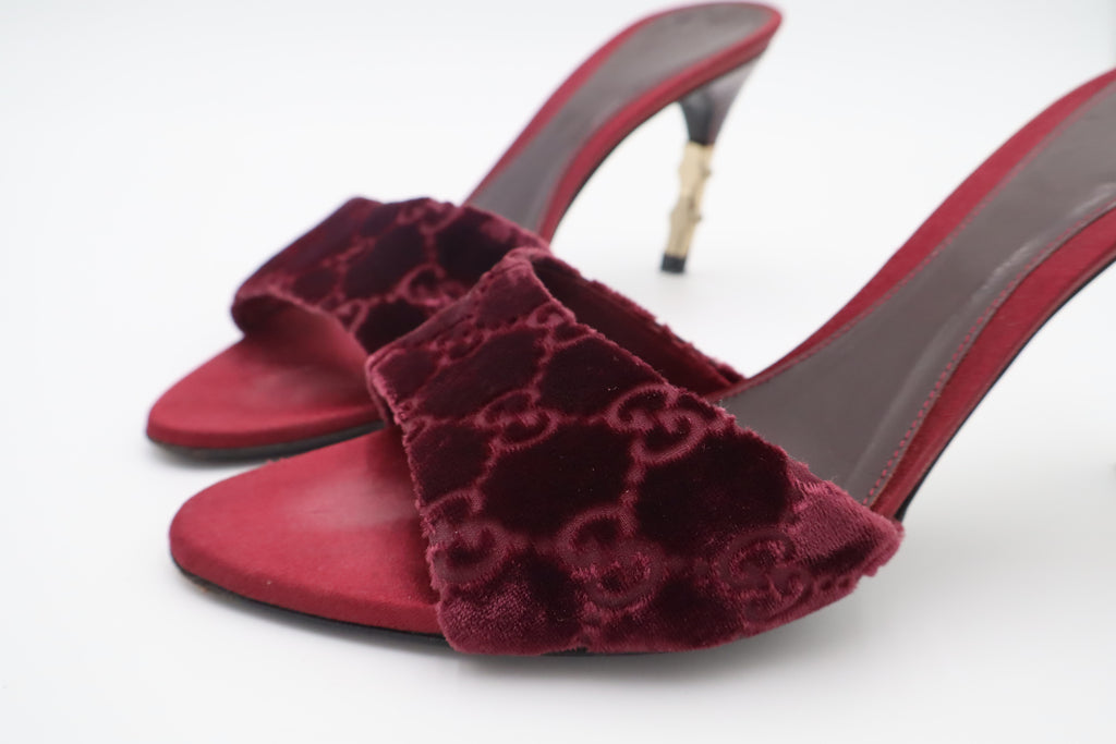 F/W 2004 Gucci Burgundy GG Velvet & Python Bamboo Heel Mules