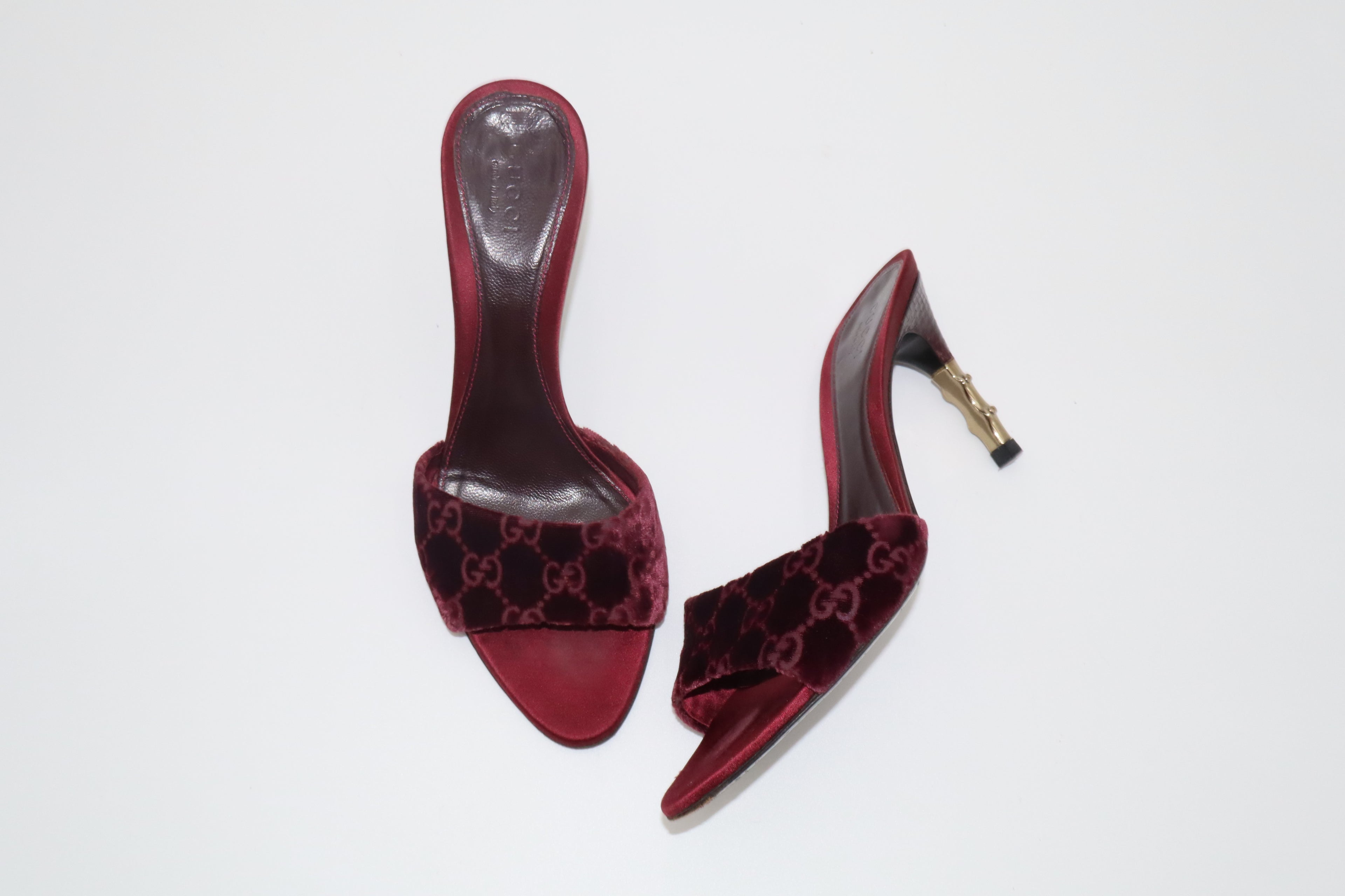 F/W 2004 Gucci Burgundy GG Velvet & Python Bamboo Heel Mules