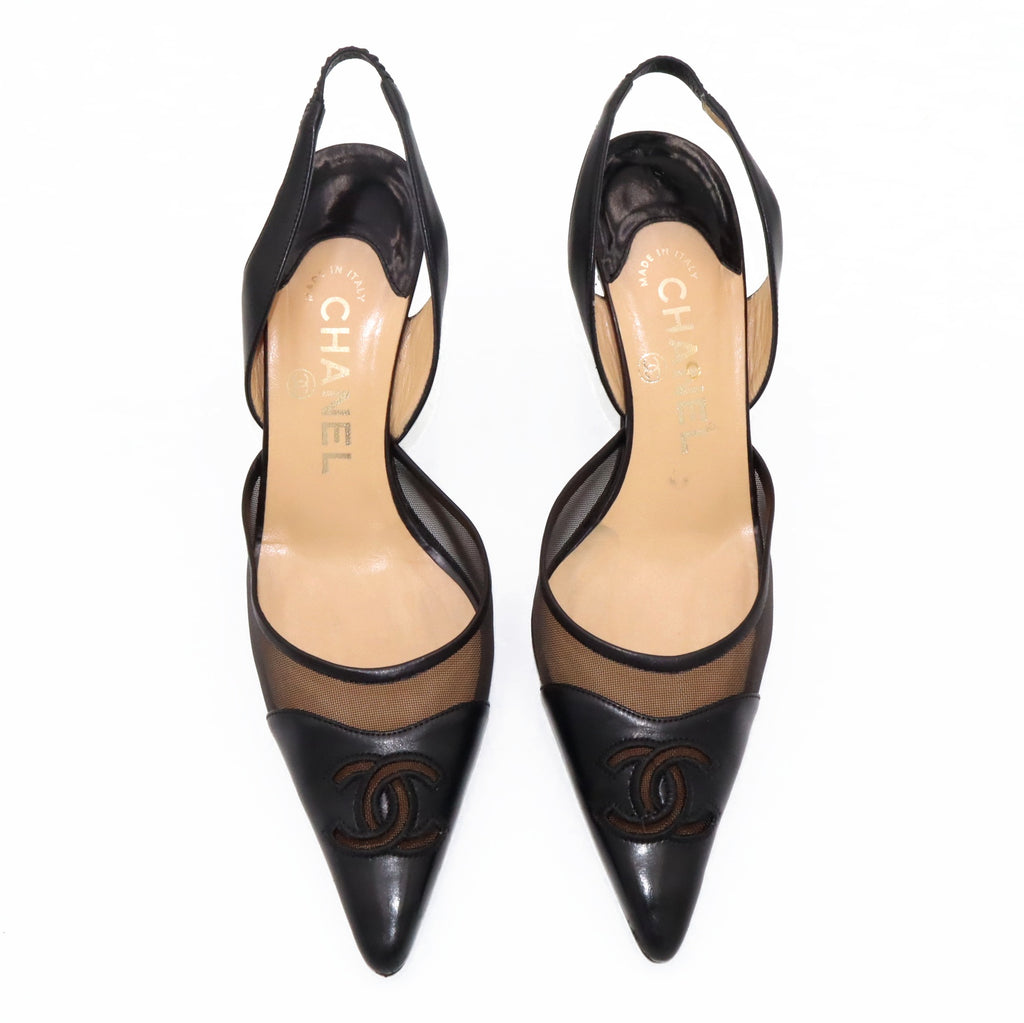 Vintage Chanel CC Mesh Leather Pointed-Toe Slingbacks | 36.5