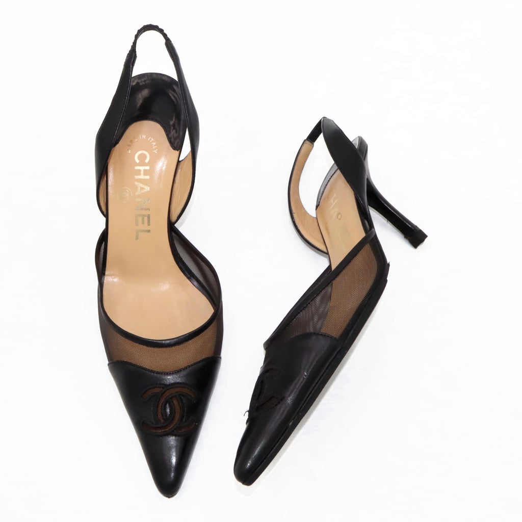 Vintage Chanel CC Mesh Leather Pointed-Toe Slingbacks | 36.5