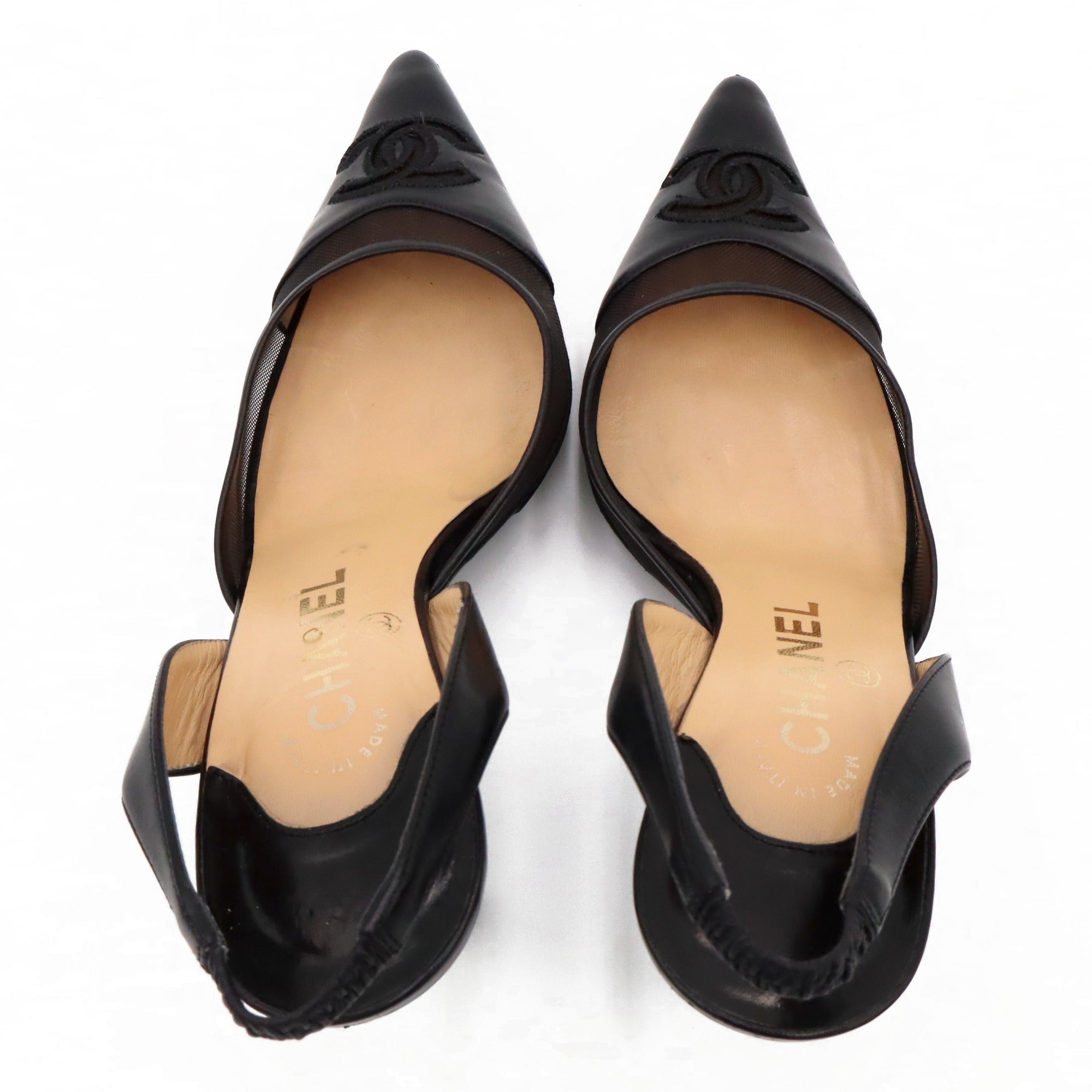 Vintage Chanel CC Mesh Leather Pointed-Toe Slingbacks | 36.5