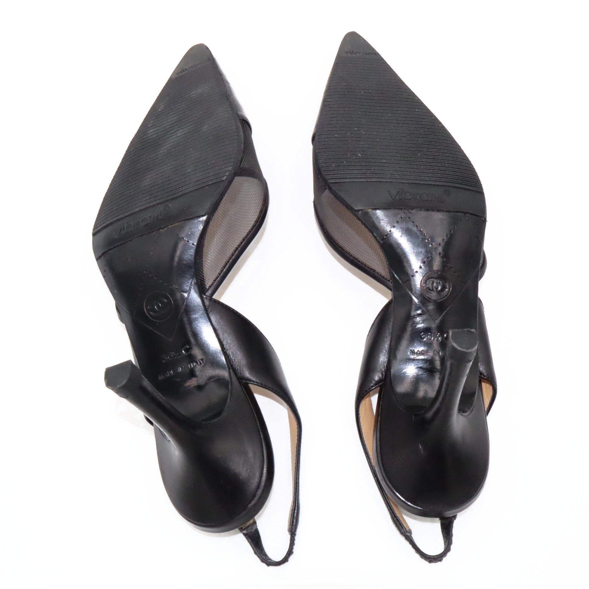 Vintage Chanel CC Mesh Leather Pointed-Toe Slingbacks | 36.5